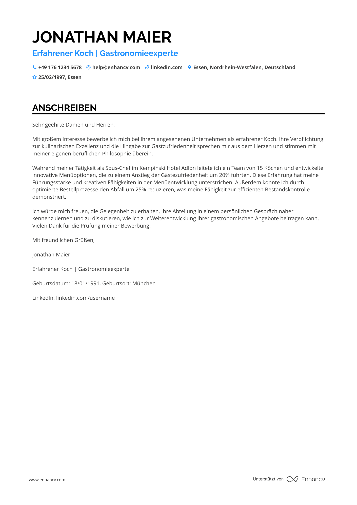Koch in einem 5 Sterne Hotel Resume Example