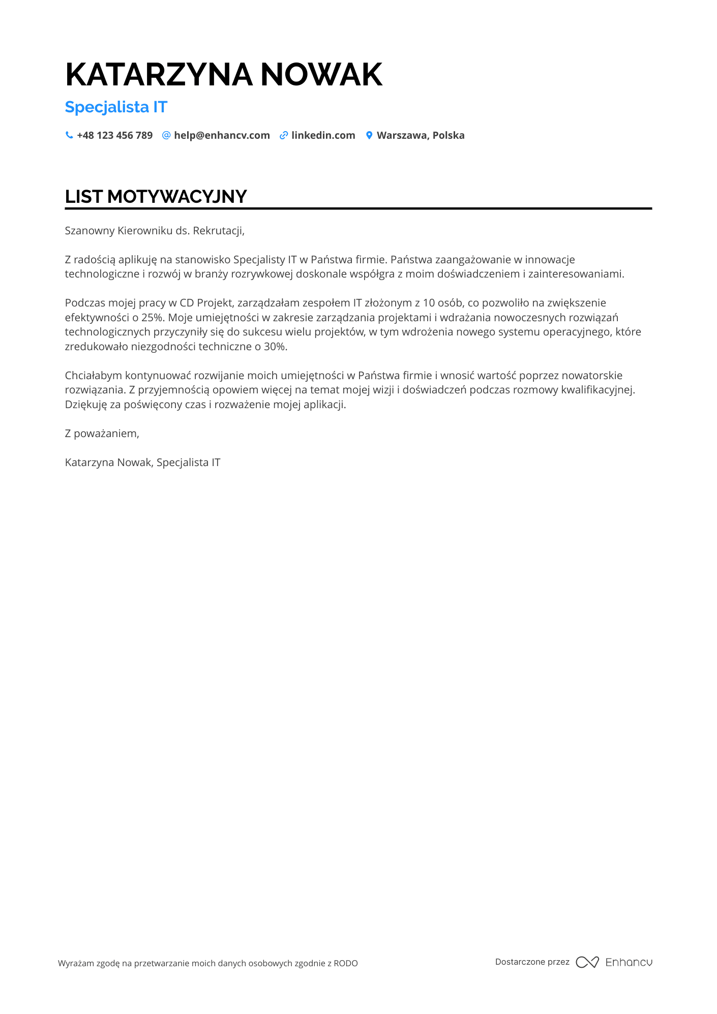 List motywacyjny dla Specjalista IT w Branży Rozrywkowej Resume Example
