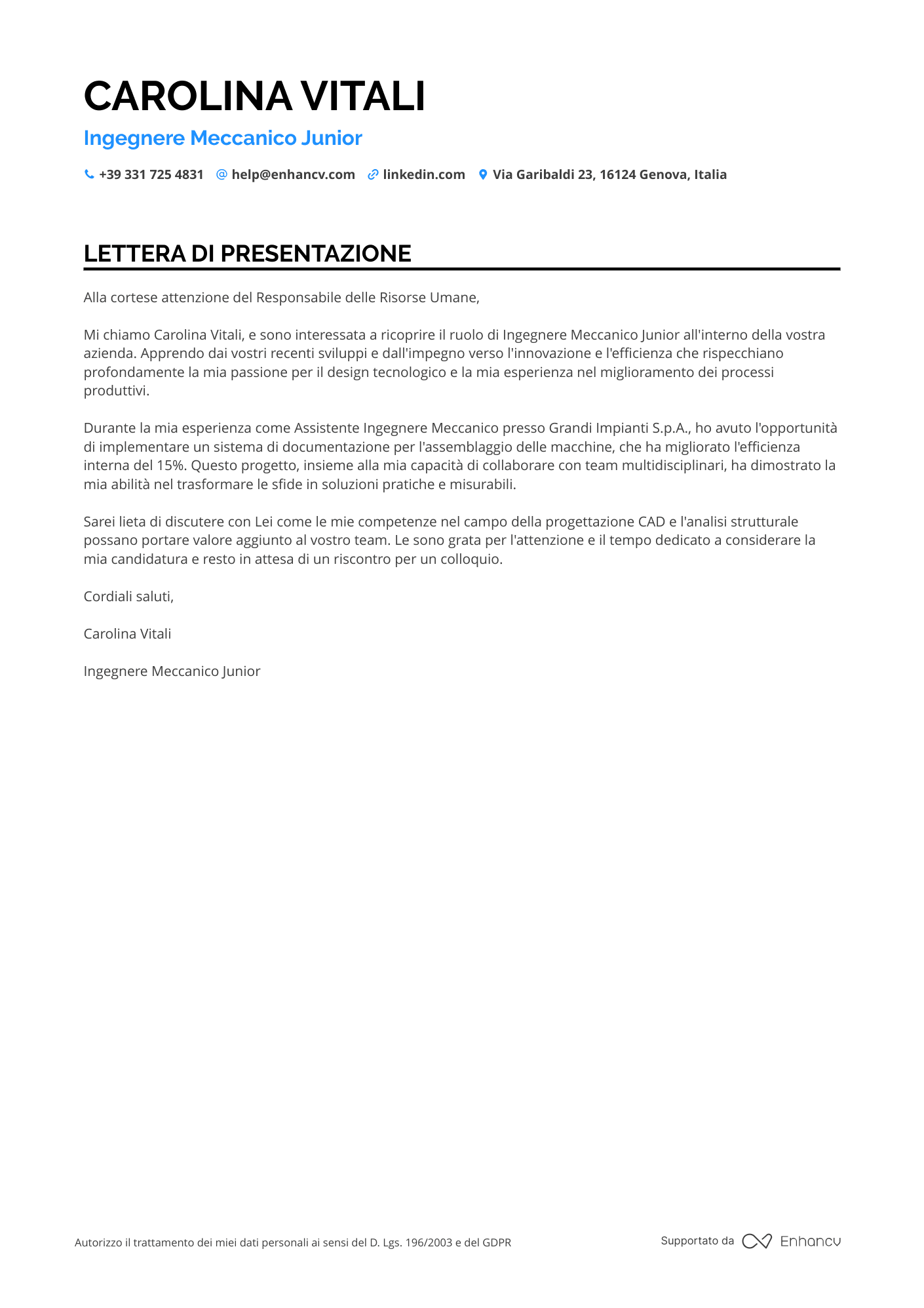 Ingegnere Meccanico Junior Resume Example