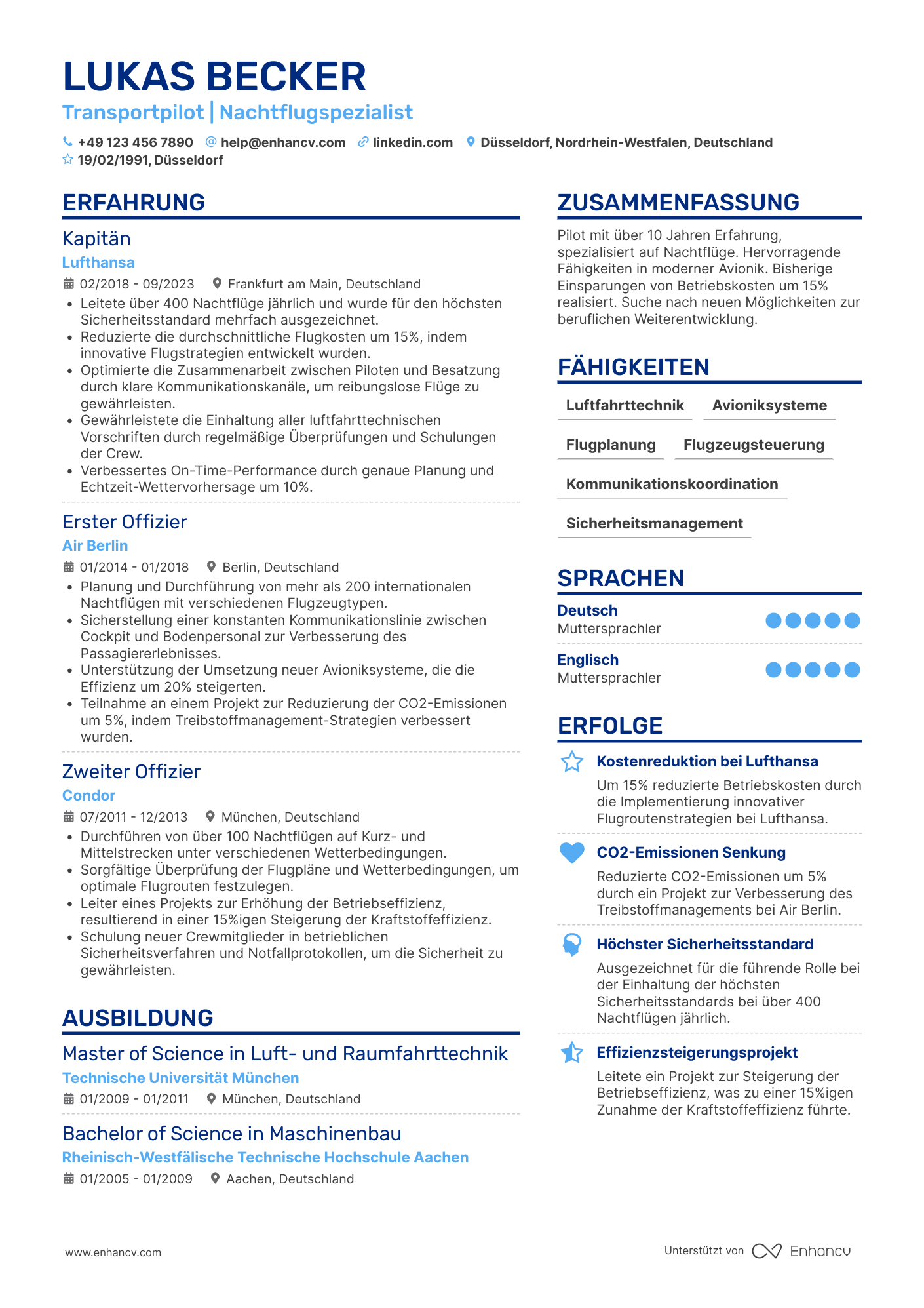 Lebenslauf als Pilot mit Erfahrung in Nachtflügen Resume Example