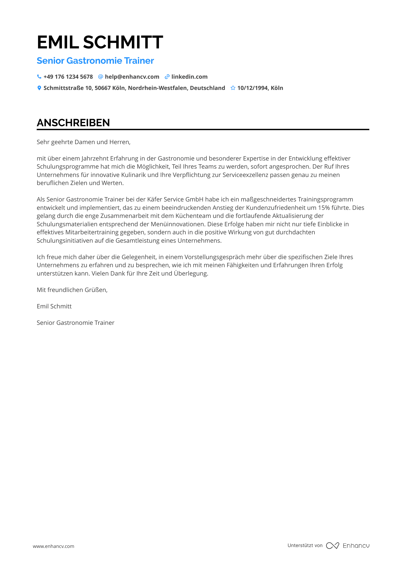 Gastronomie Trainer Resume Example