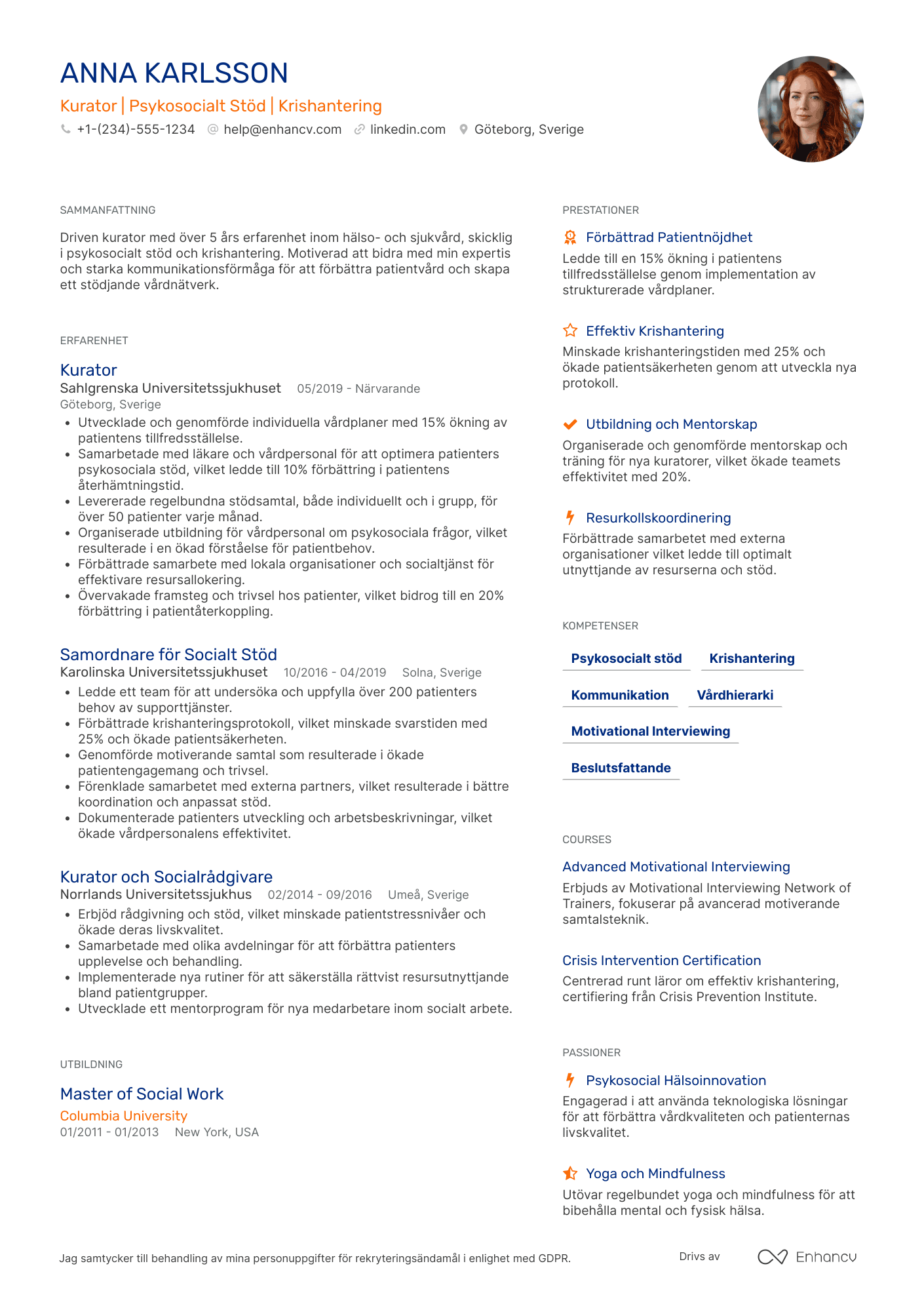 CV för Kurator inom hälso  och sjukvård Resume Example