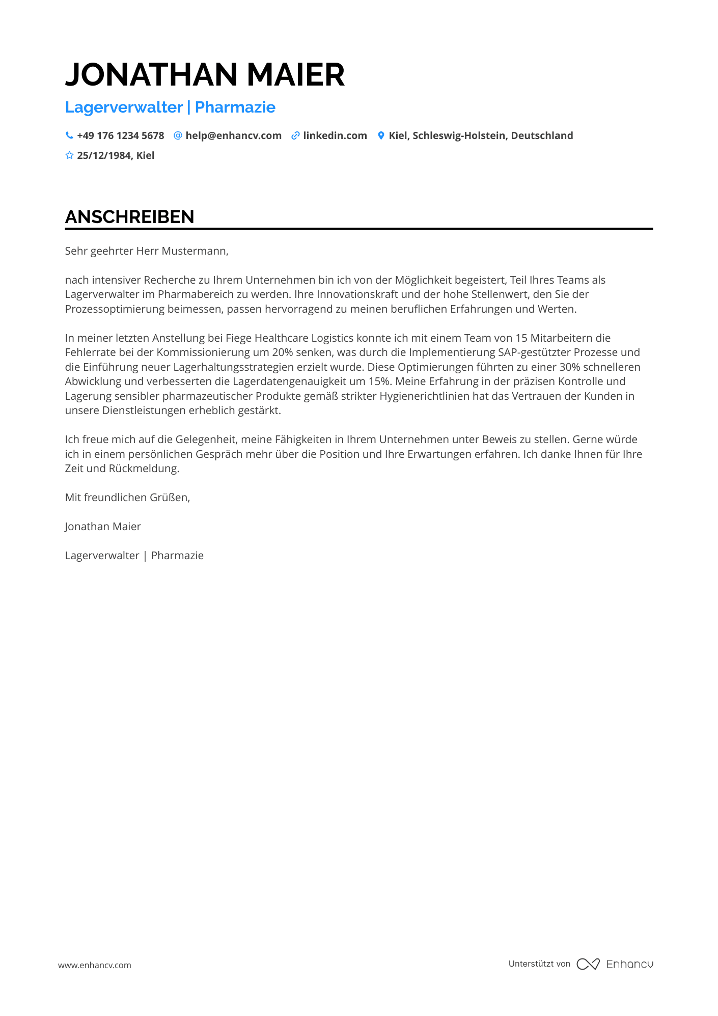 Lagerist in der Pharmaindustrie Resume Example
