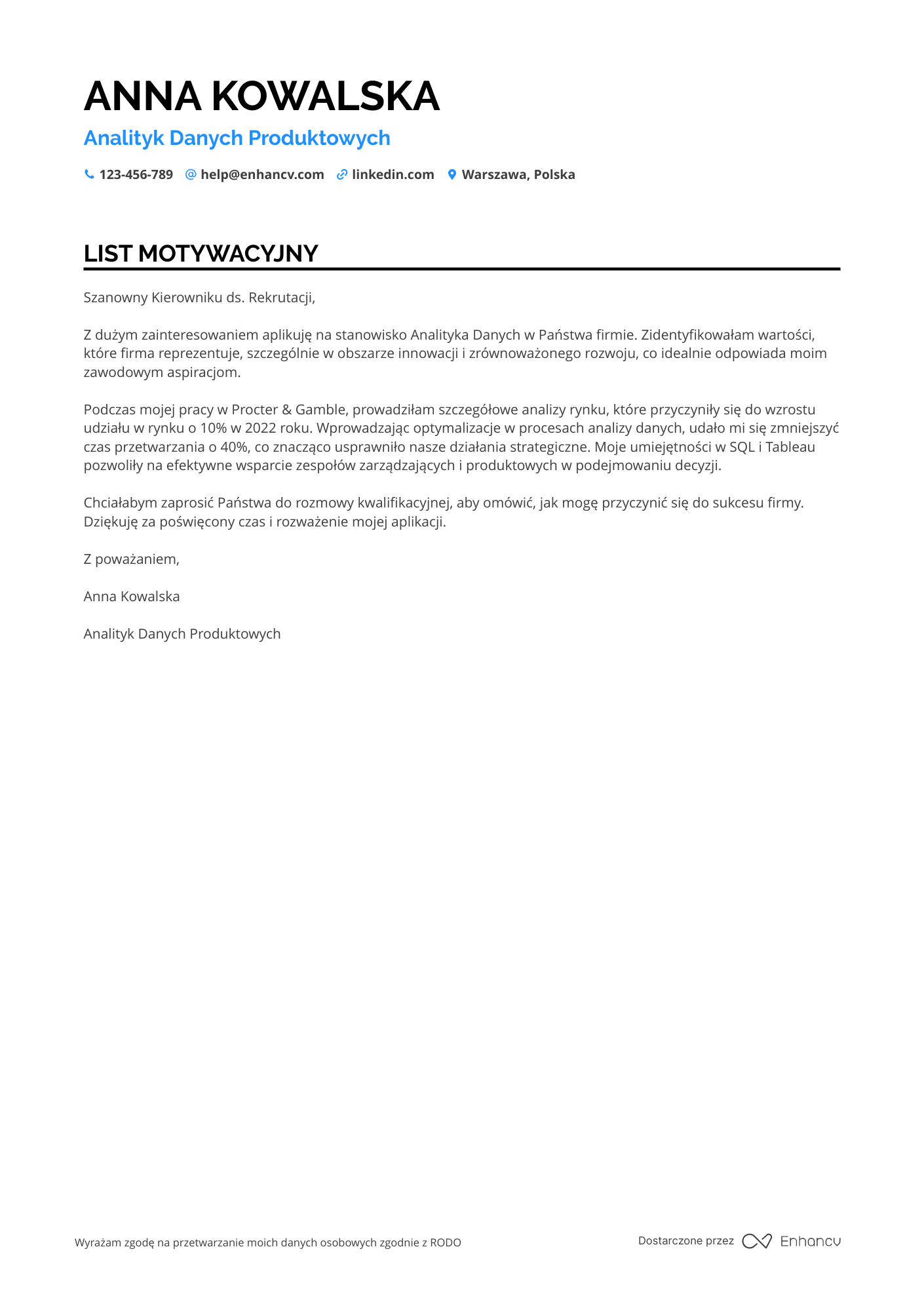 List motywacyjny dla Analityk Danych Produktowych Resume Example