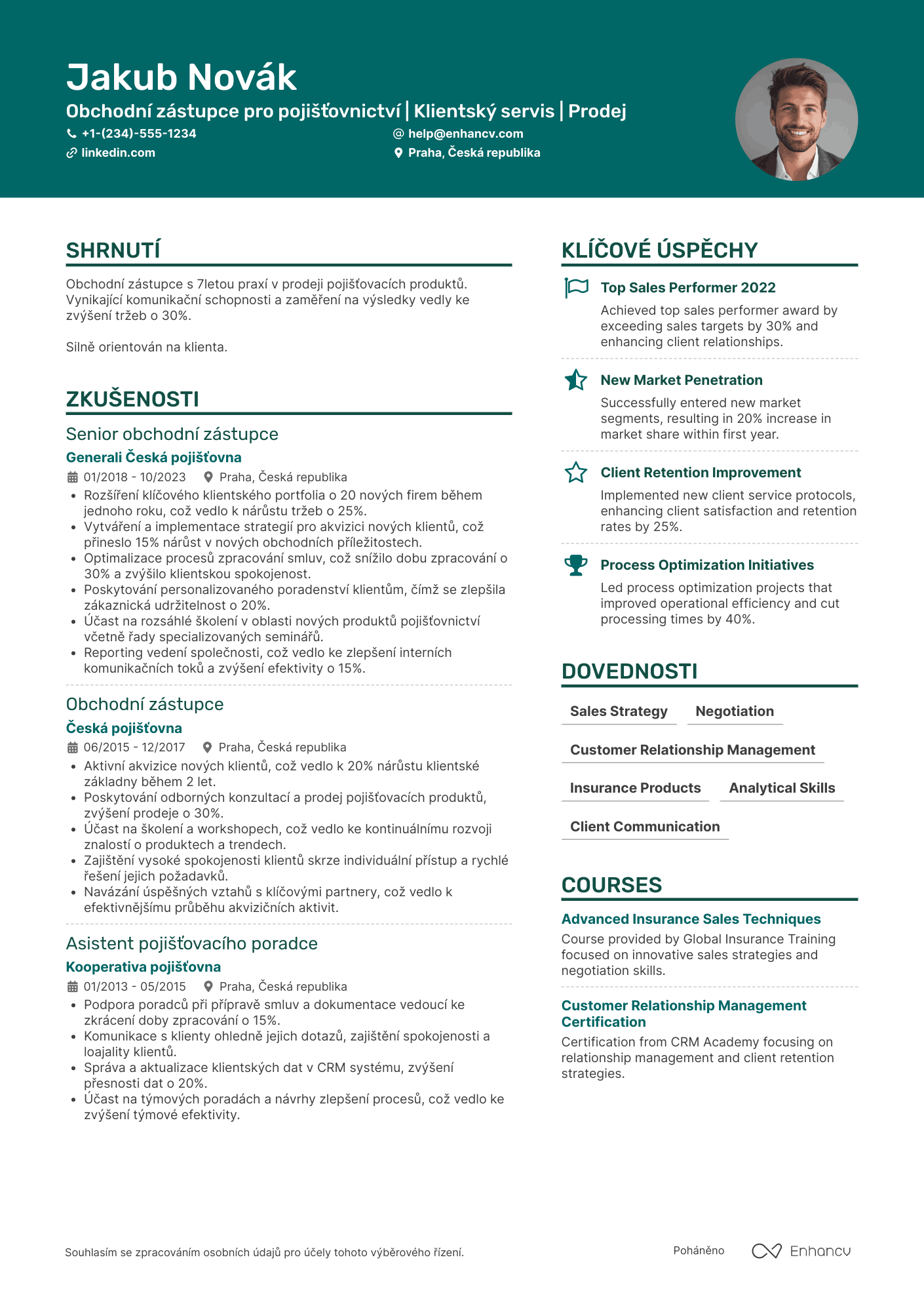 Životopis pro Obchodní zástupce pro pojišťovnictví Resume Example