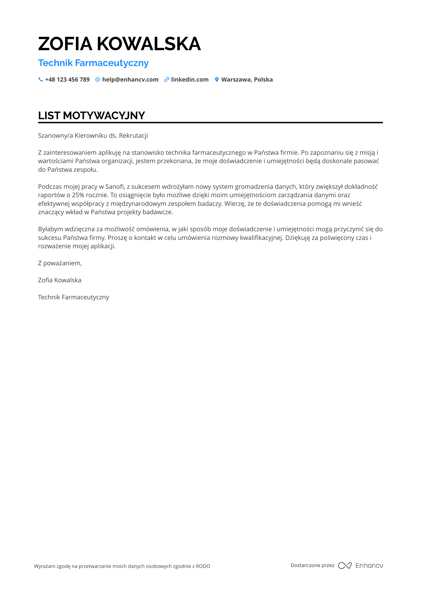 List motywacyjny dla Technik Farmaceutyczny ds. Badań Klinicznych Resume Example