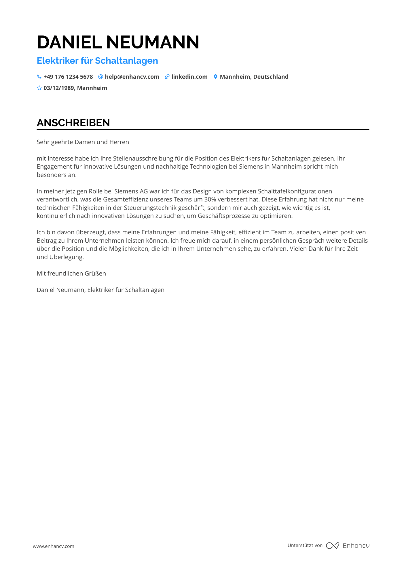Elektriker für Schalt  und Steueranlagen Resume Example