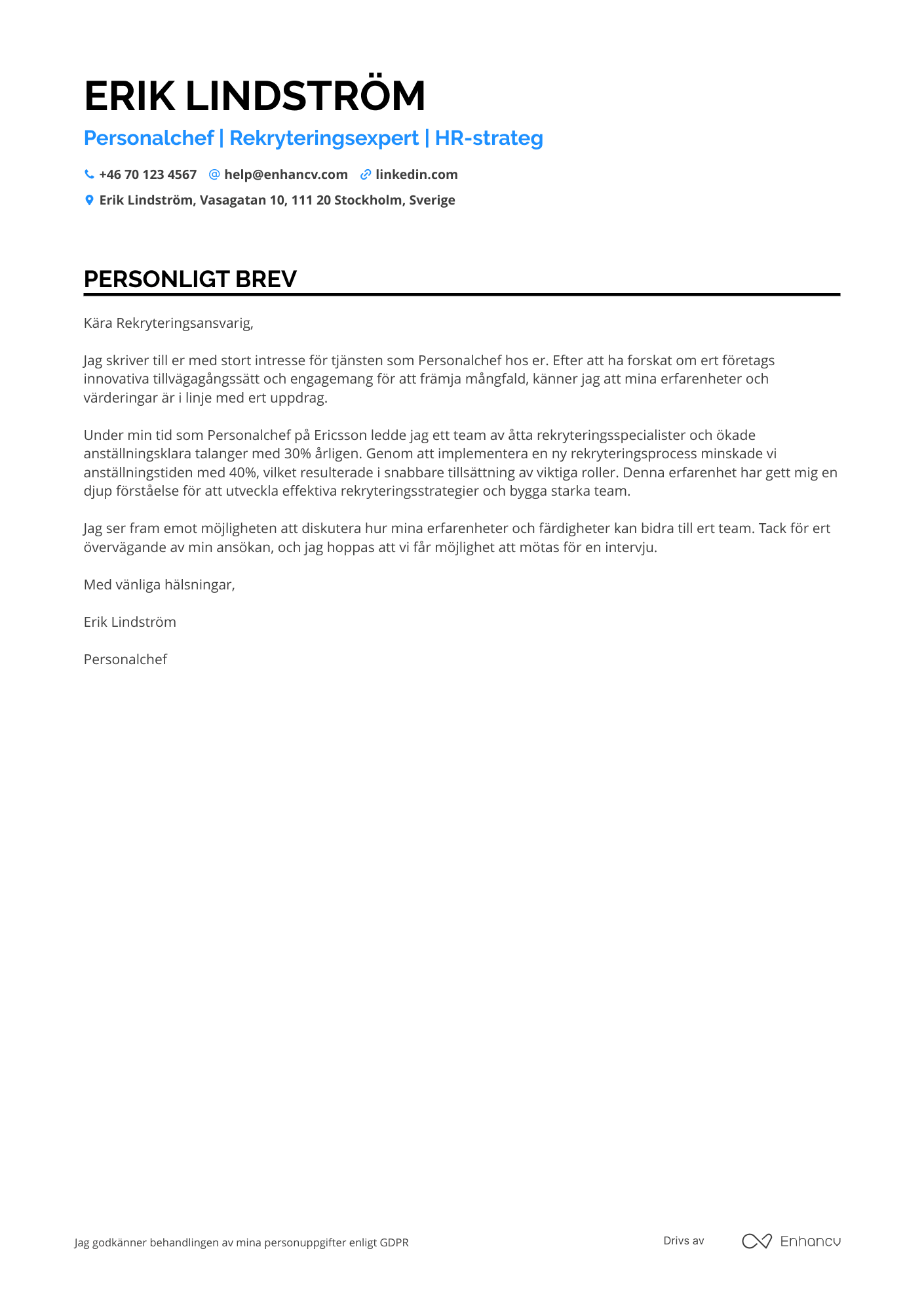 Personligt brev för Personalchef Rekrutierung Resume Example
