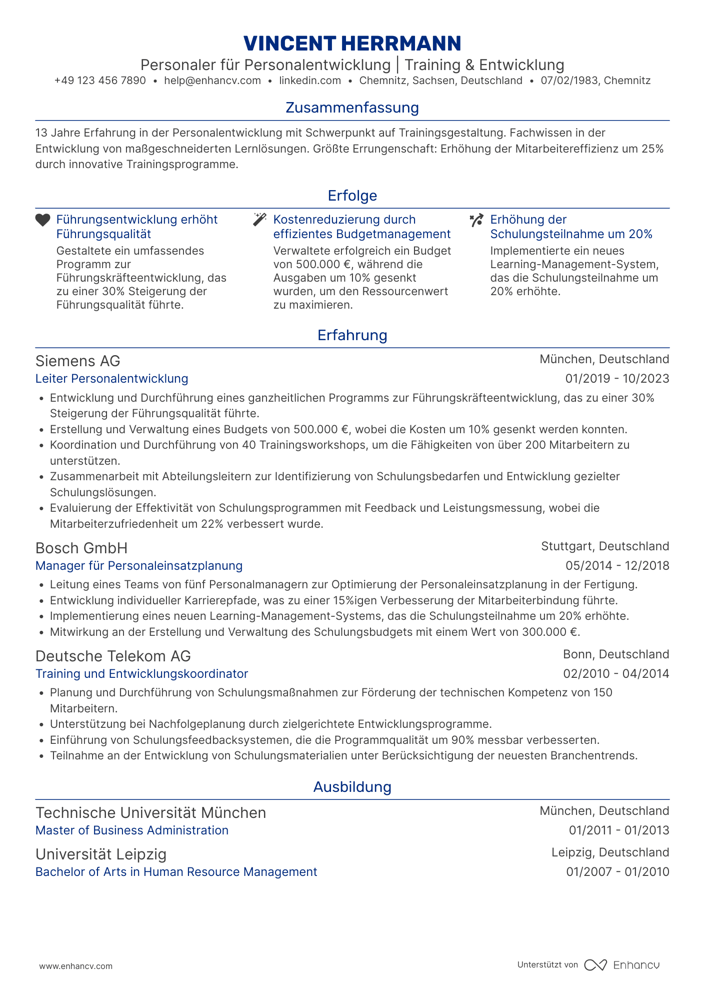 Lebenslauf als Personaler für Personalentwicklung Resume Example