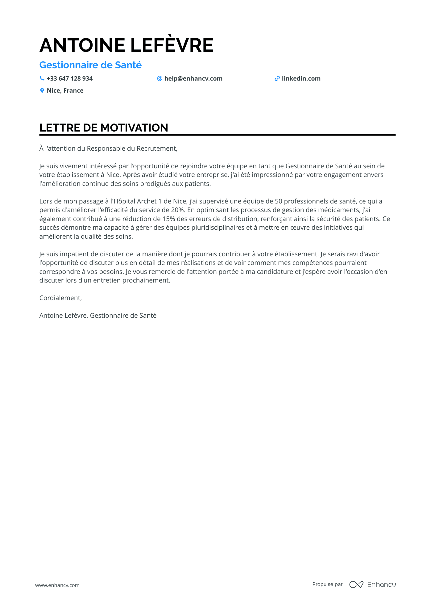 Infirmière cadre de santé Resume Example