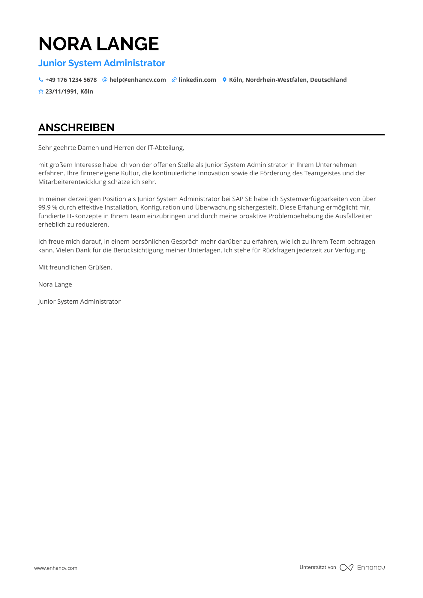 Junior Systemadministrator Resume Example