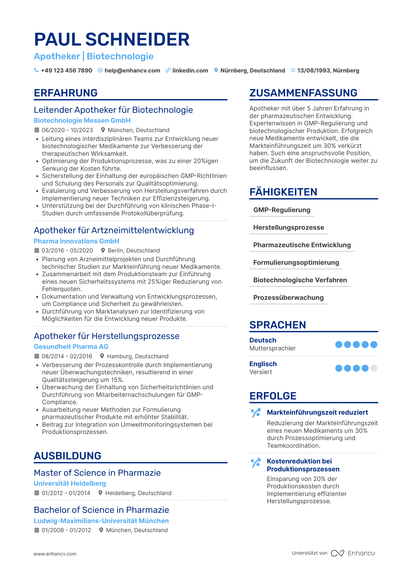 Lebenslauf in Apotheker in der Biotechnologie Resume Example