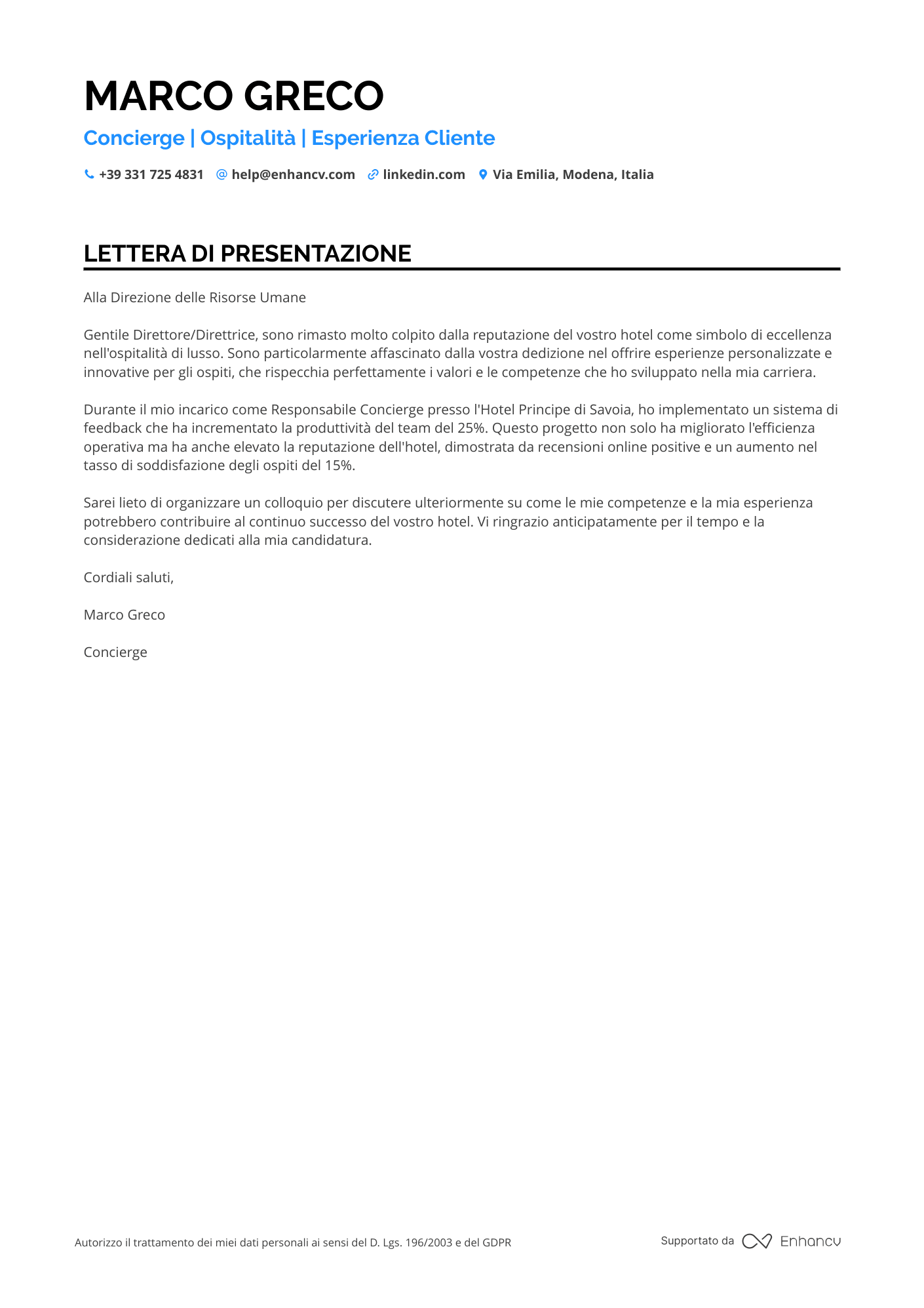 Bagnino di Hotel Resume Example