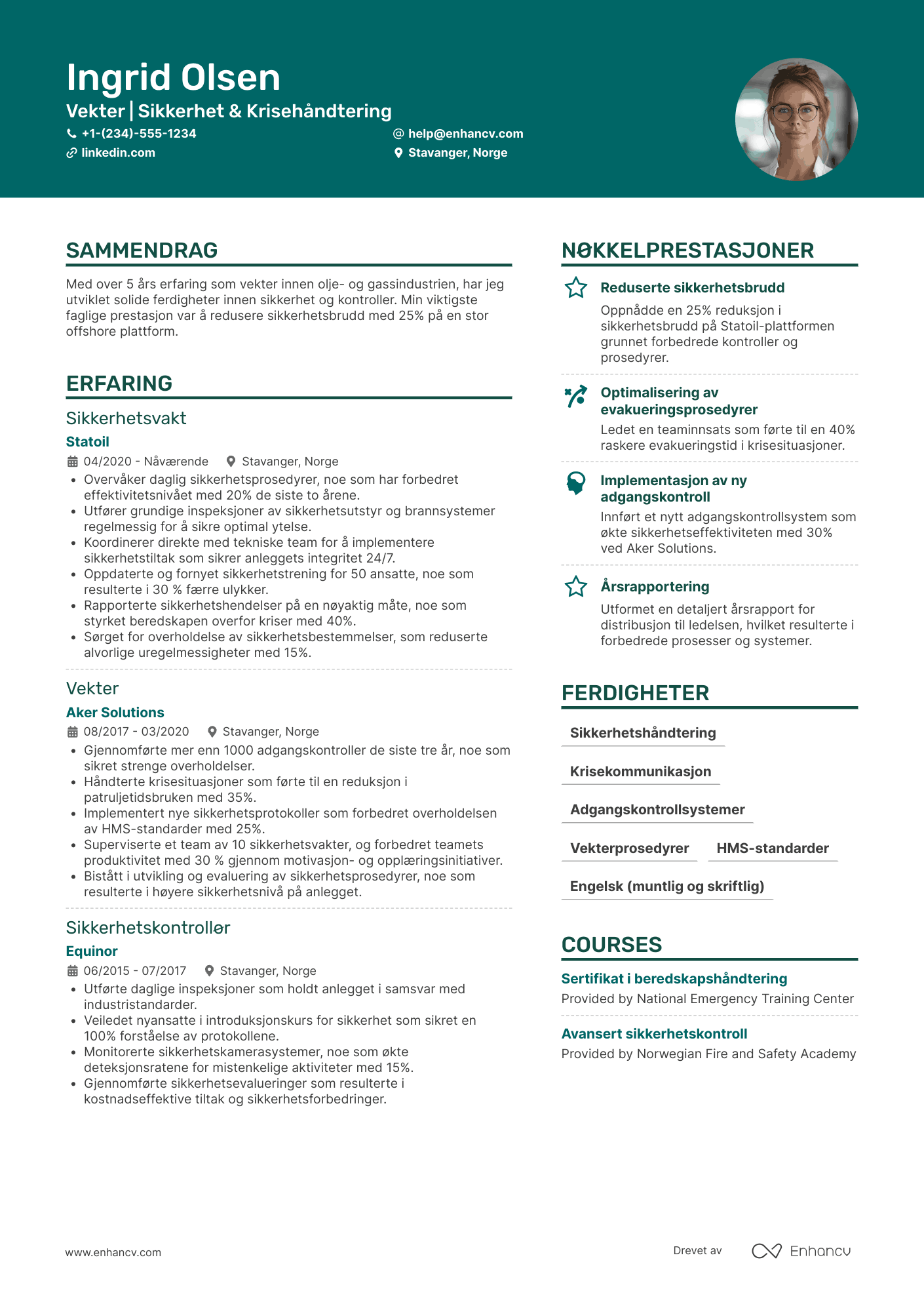 CV for Vekter innen olje og gass Resume Example