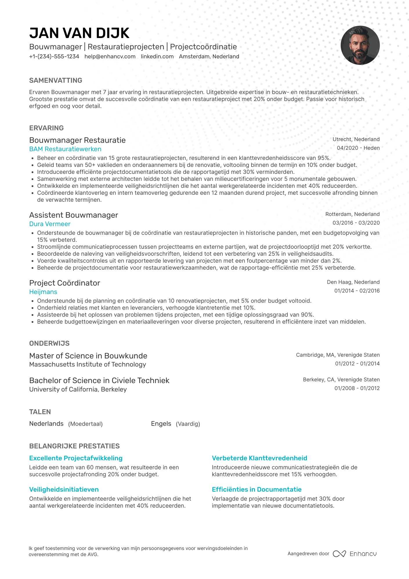 CV voor Bouwmanager in de restauratie Resume Example