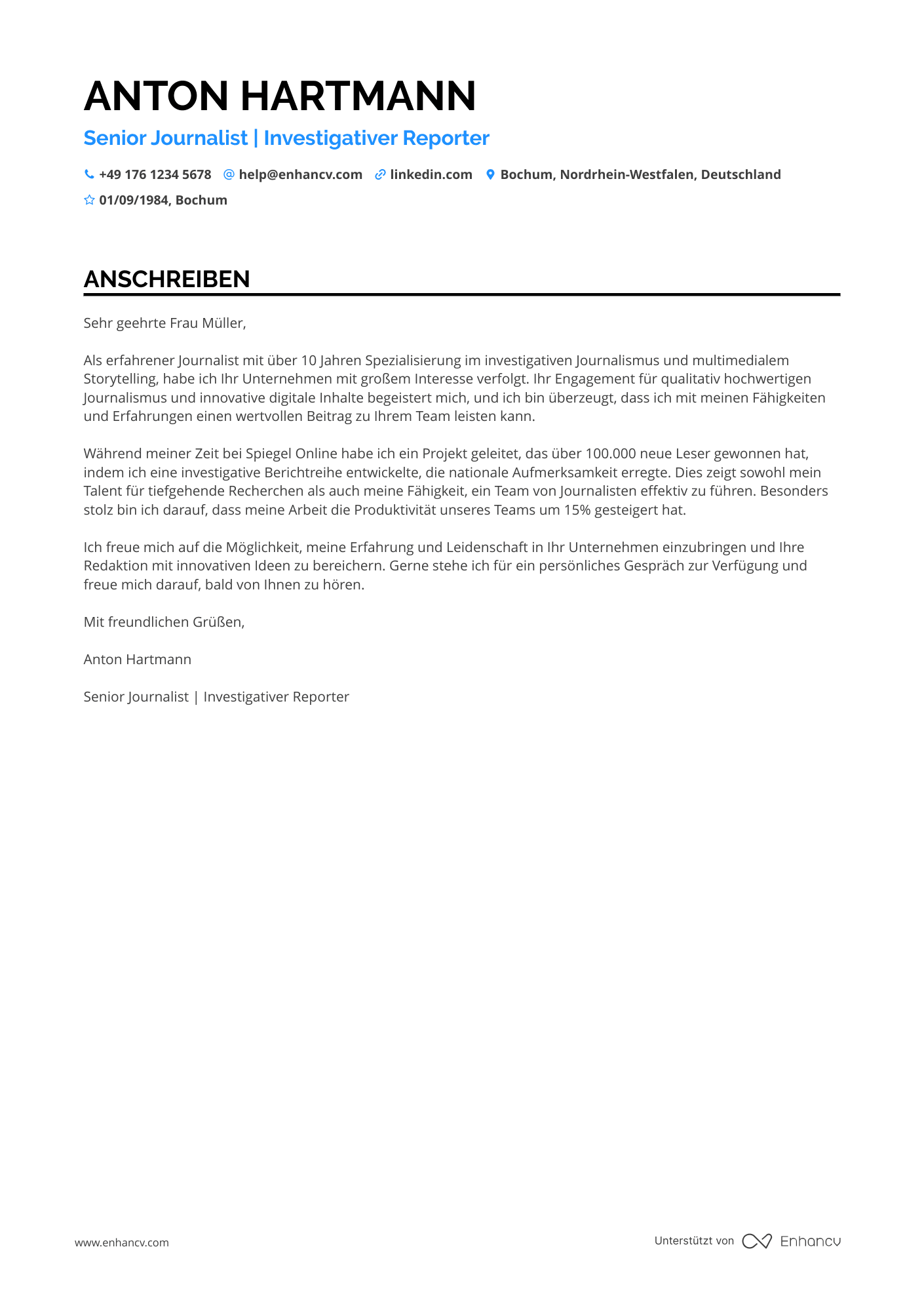 Senior Level Journalist Resume Example