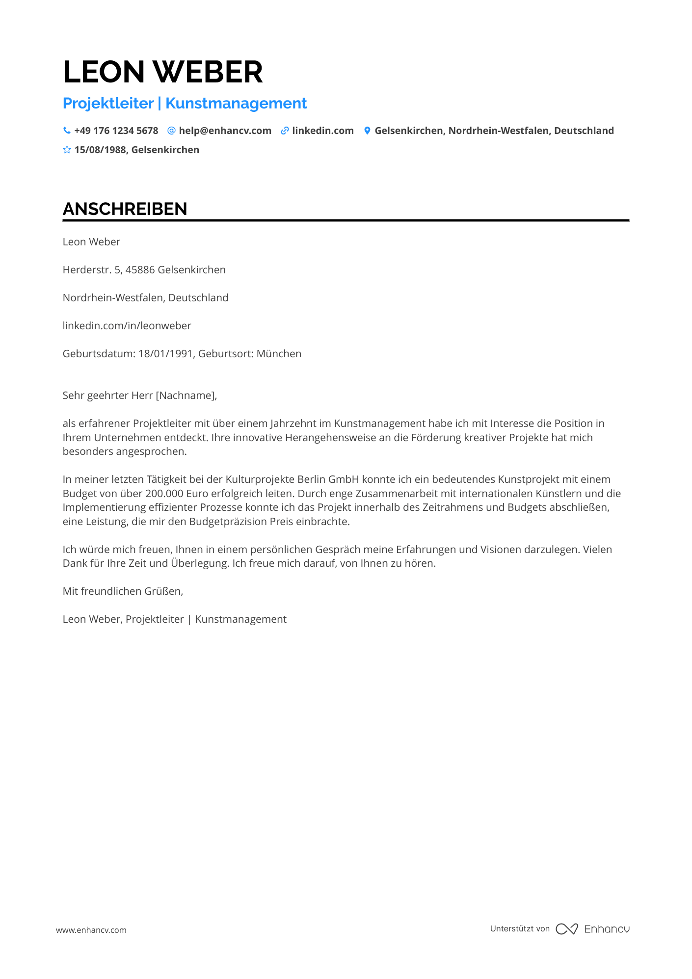 Künstlerischer Projektleiter Resume Example