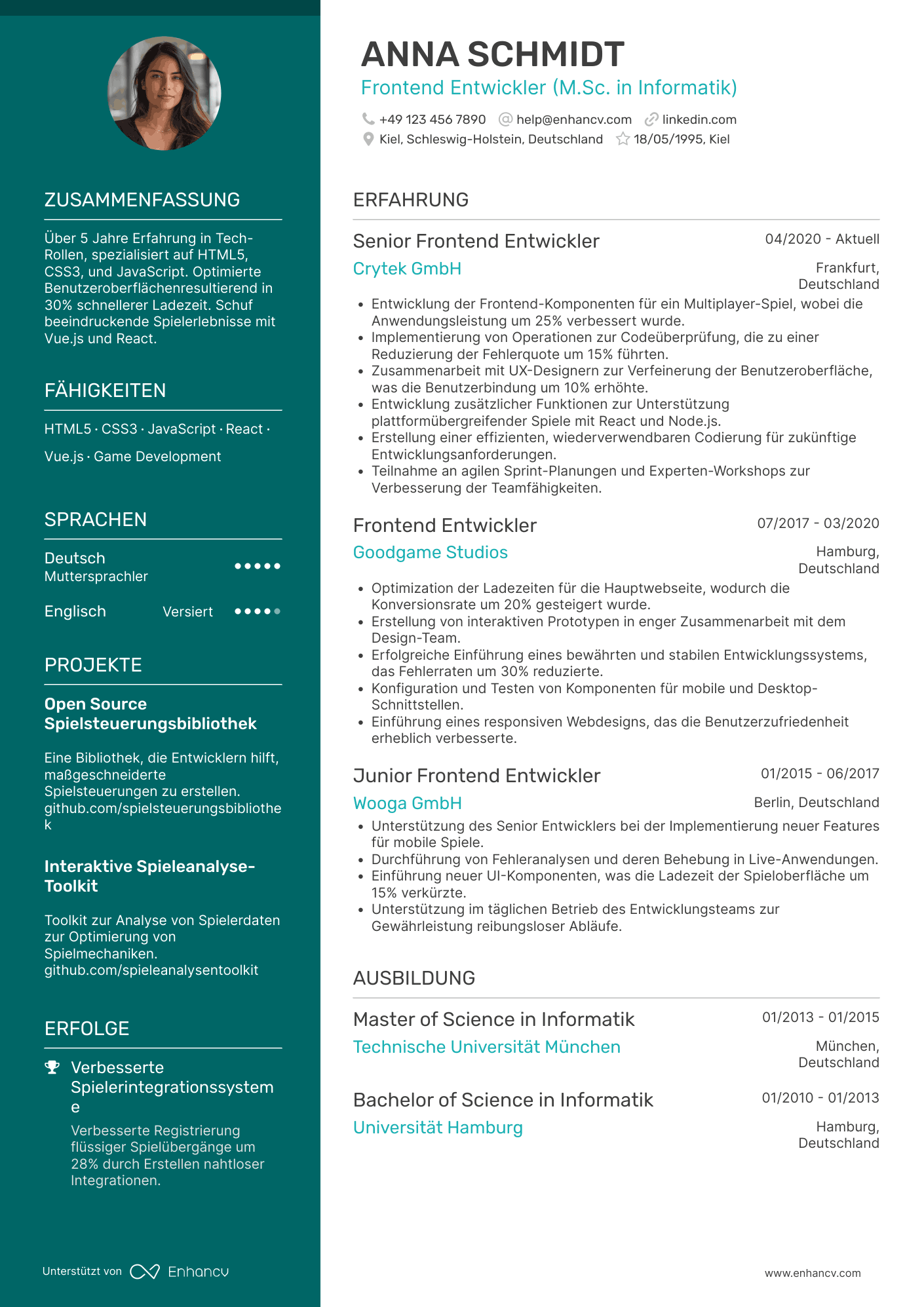 Lebenslauf als Frontend Entwickler für Spieleentwicklung Resume Example