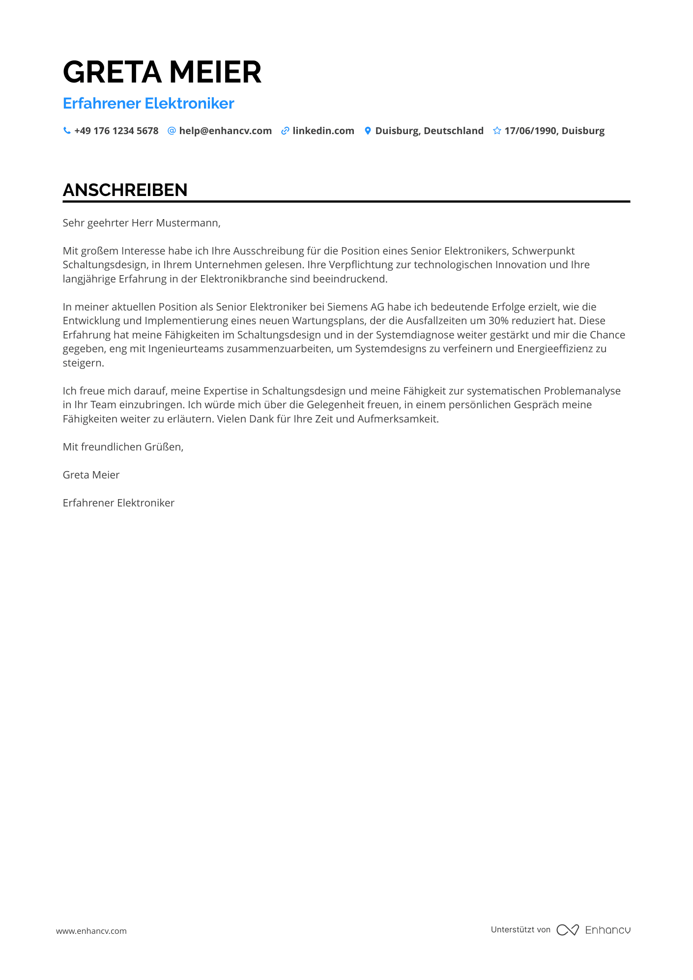 Erfahrener Elektroniker Resume Example