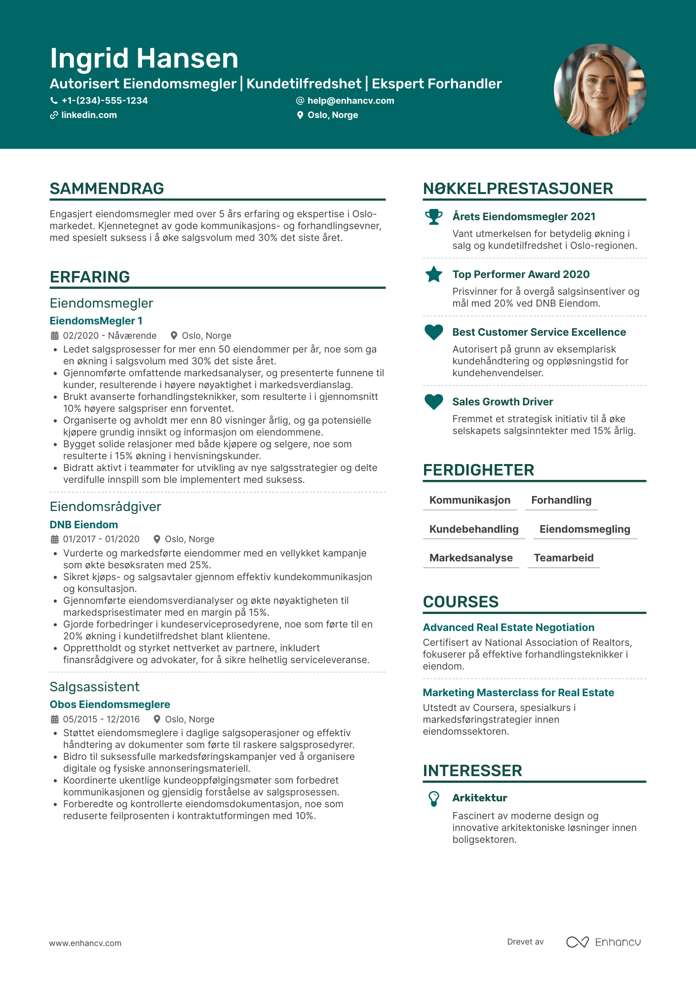 CV for Bolig Eiendomsmegler Resume Example