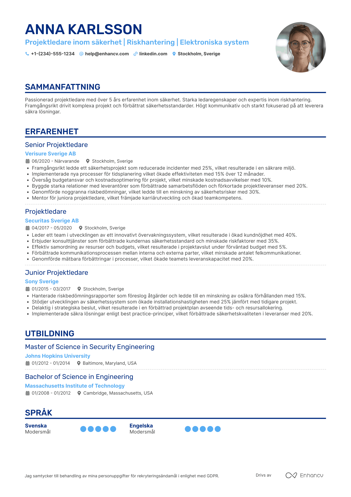 CV för Projektledare säkerhet Resume Example