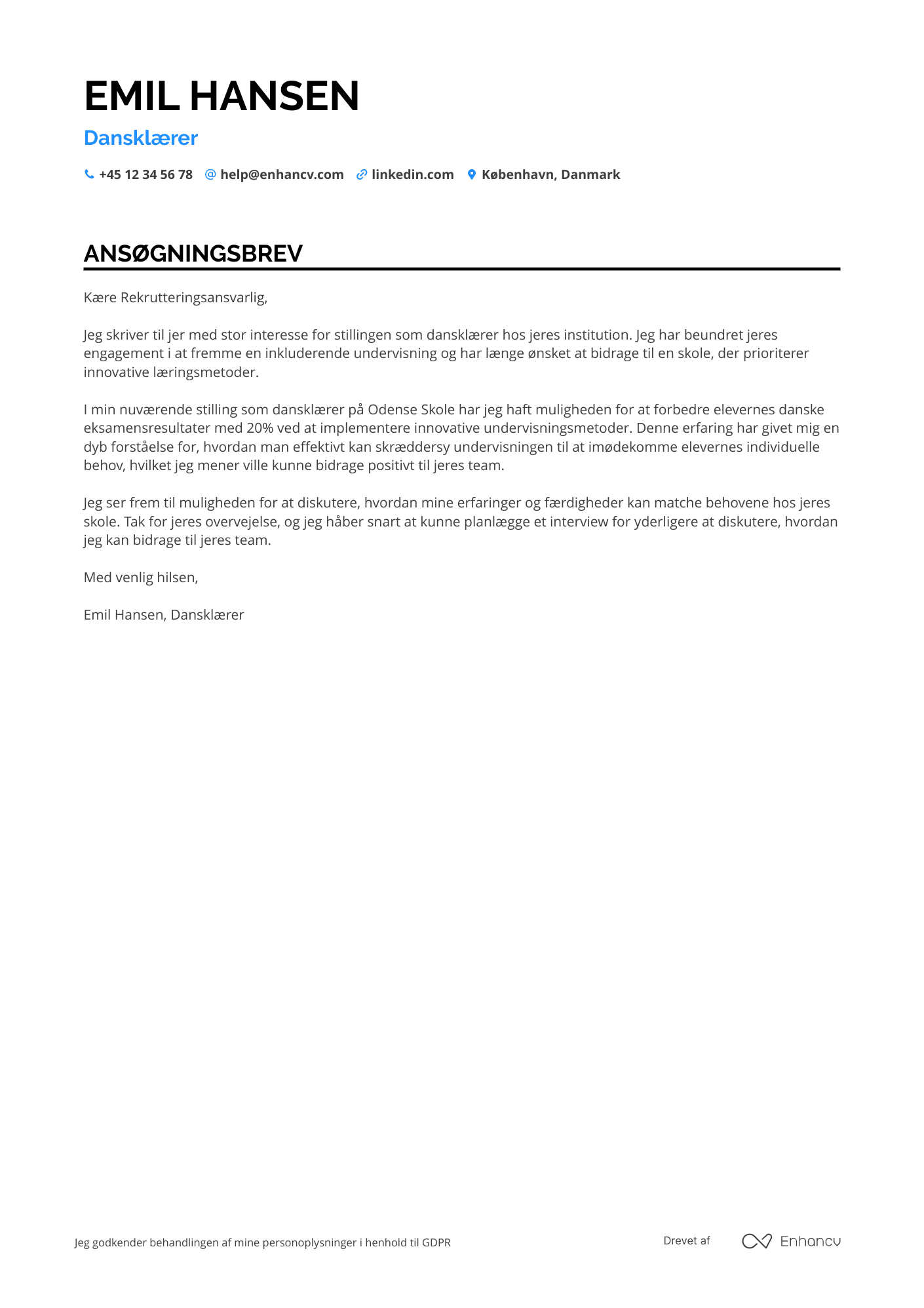 Ansøgningsbrev til Dansklærer Resume Example