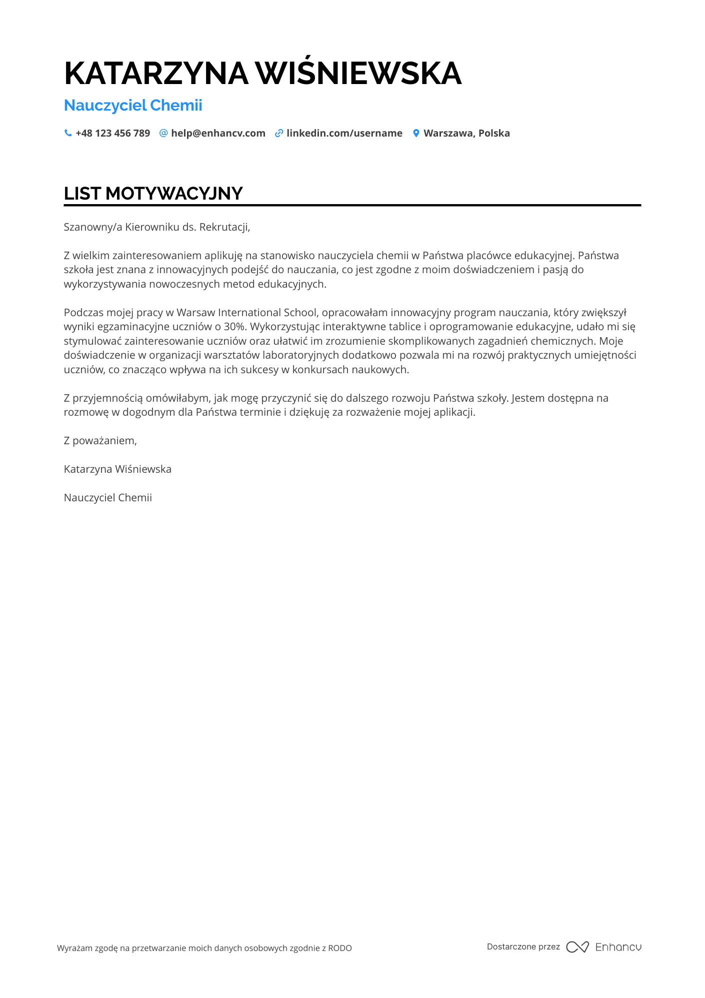 List motywacyjny dla Nauczyciel Chemii Resume Example
