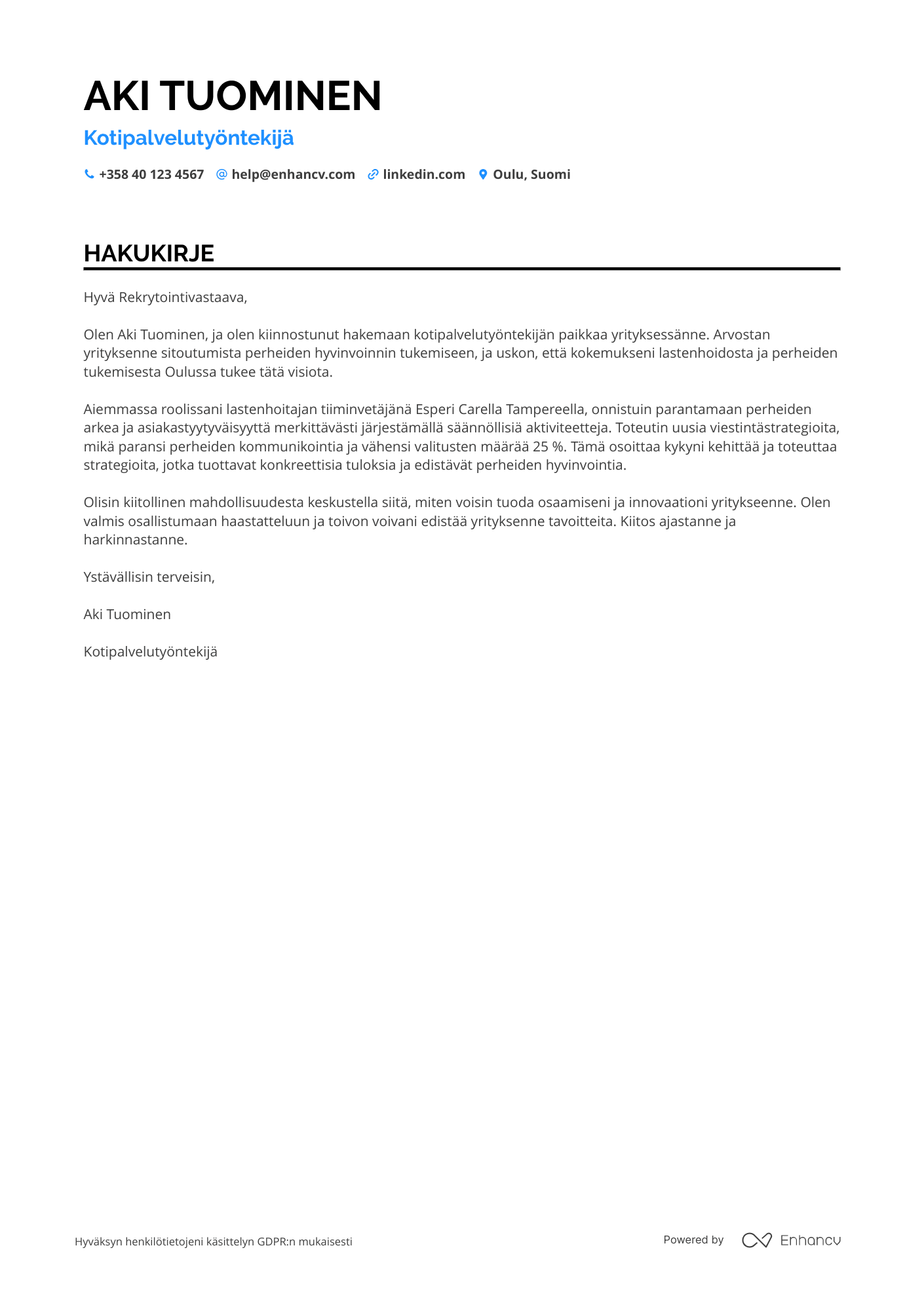 Hakukirje Lapsiperheiden kotipalvelutyöntekijä Resume Example