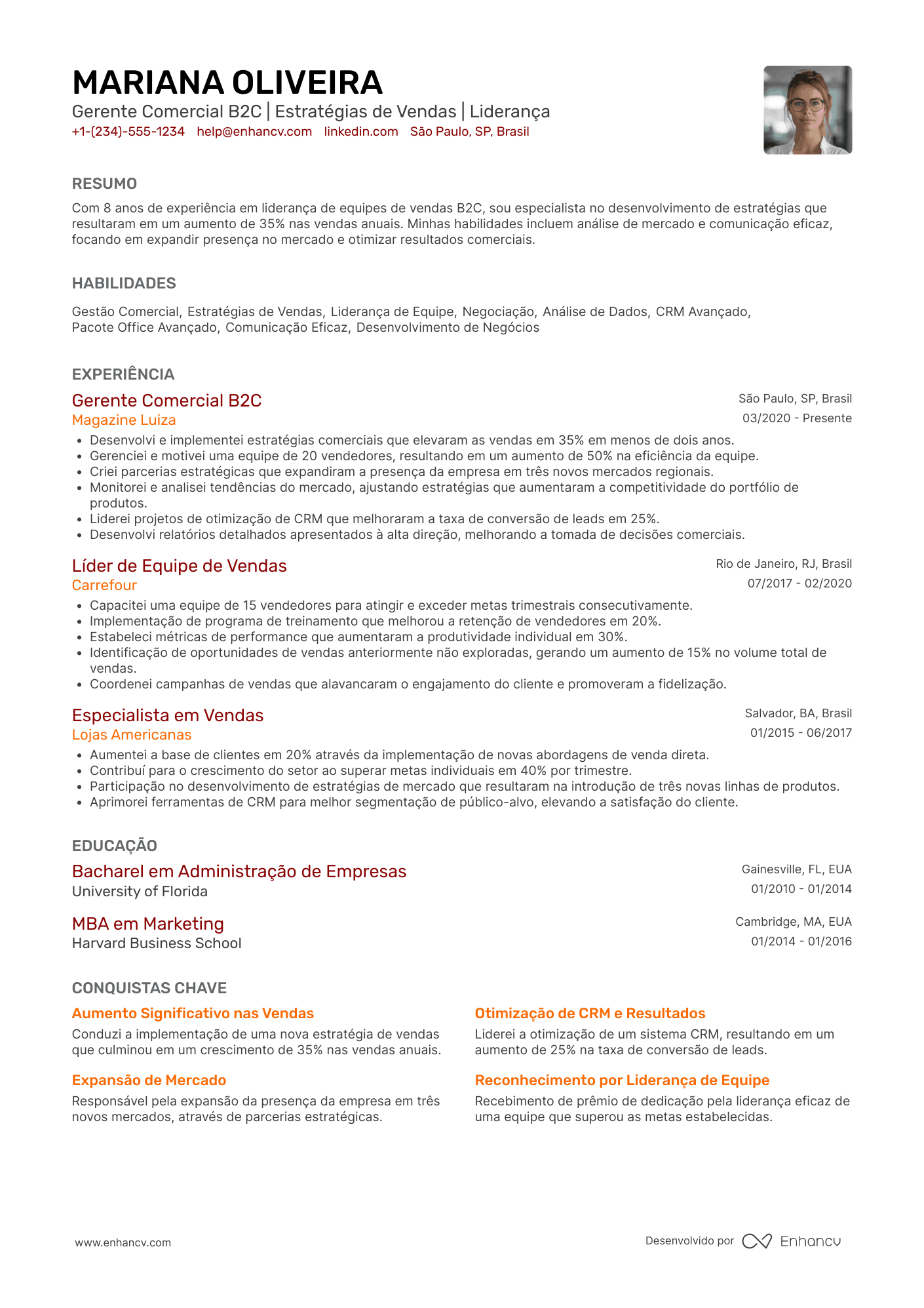 Currículo gerente comercial B2C Resume Example