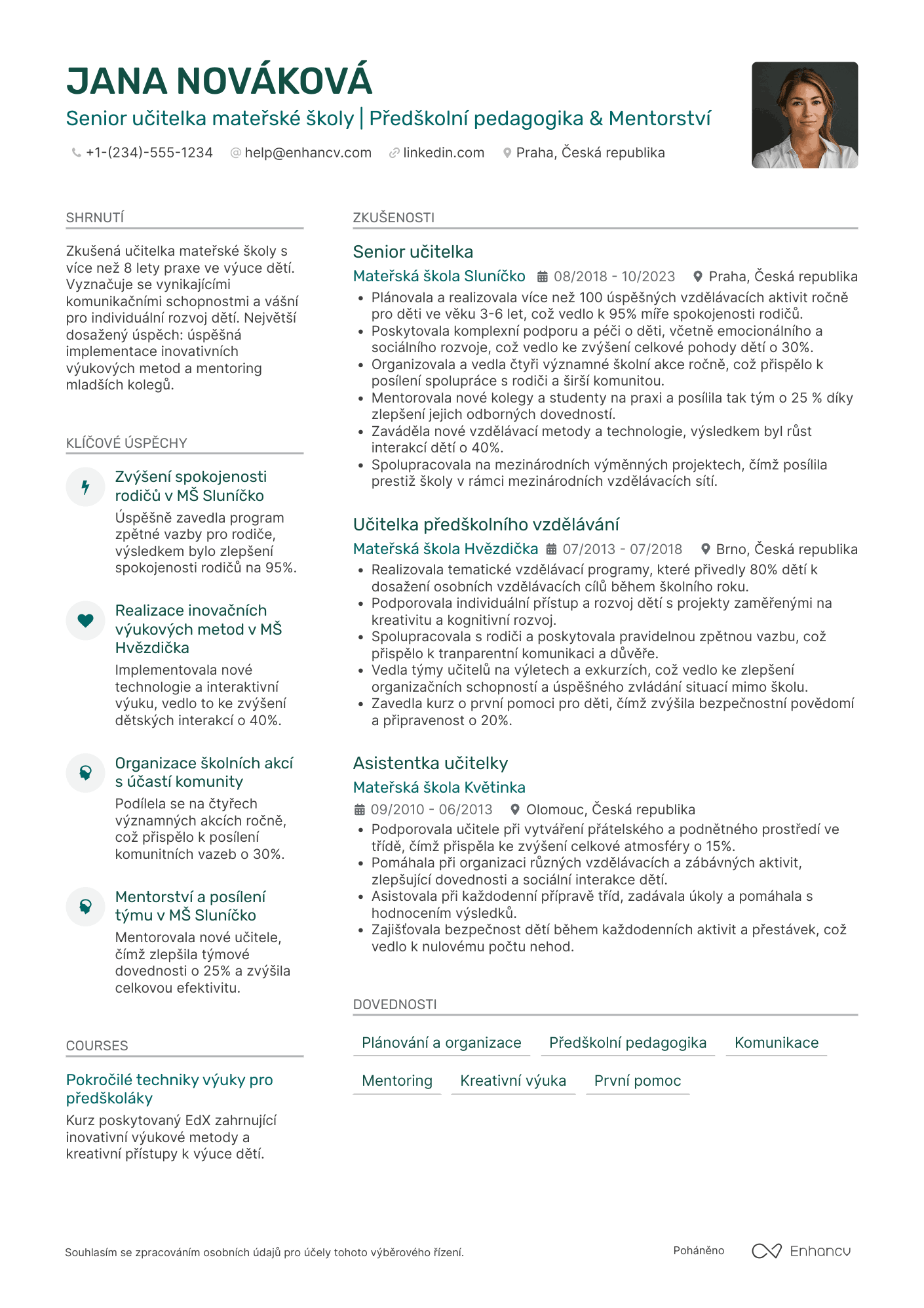 Životopis pro Senior učitelka mateřské školy Resume Example