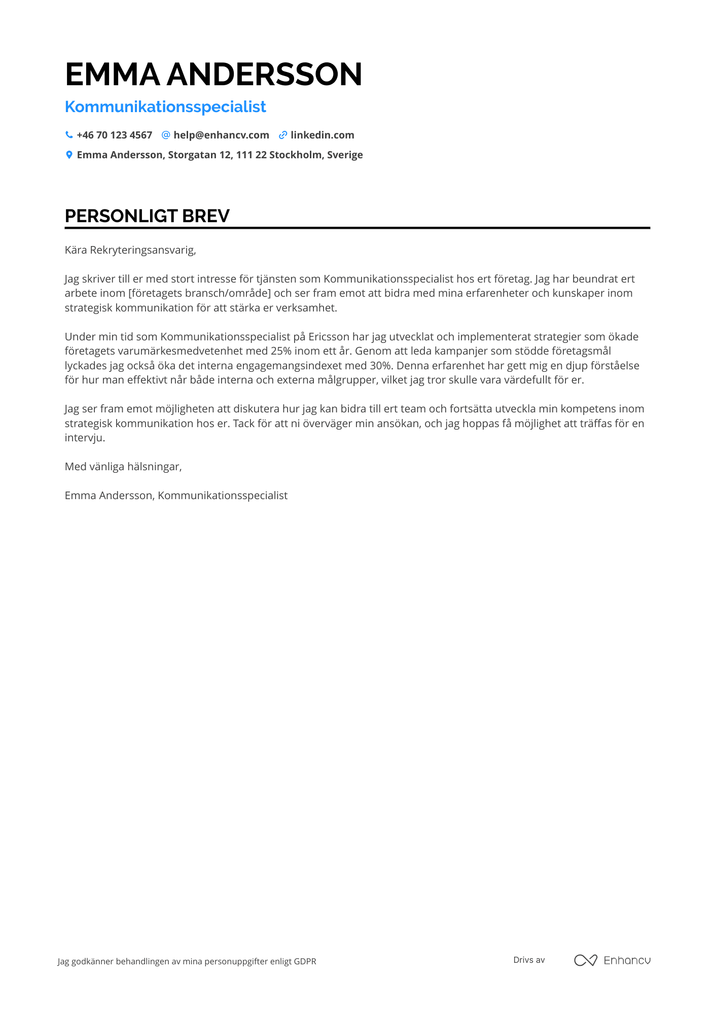 Personligt brev för Försvaret Kommunikationsspecialist Resume Example