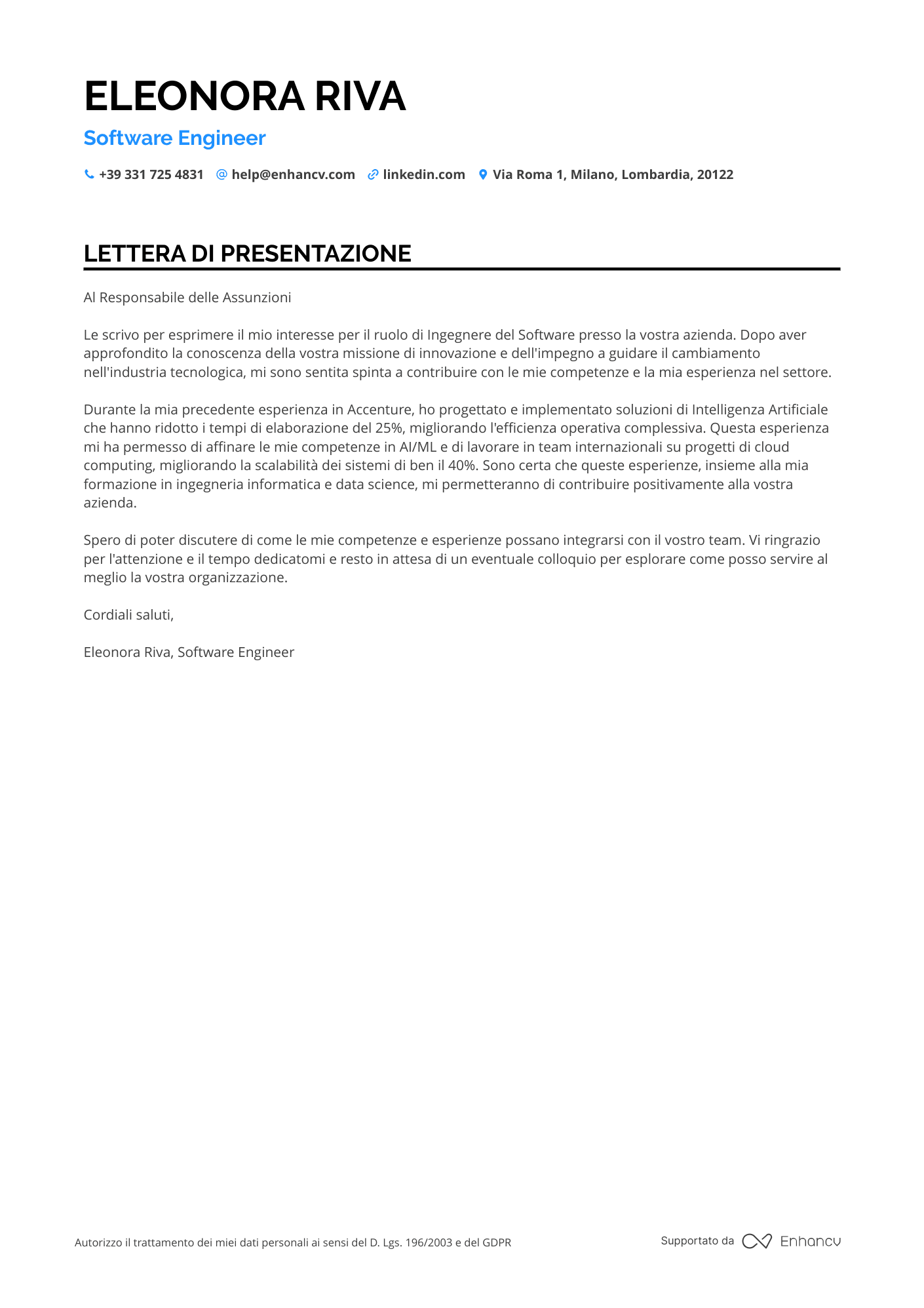Ingegnere Software di Intelligenza Artificiale Resume Example