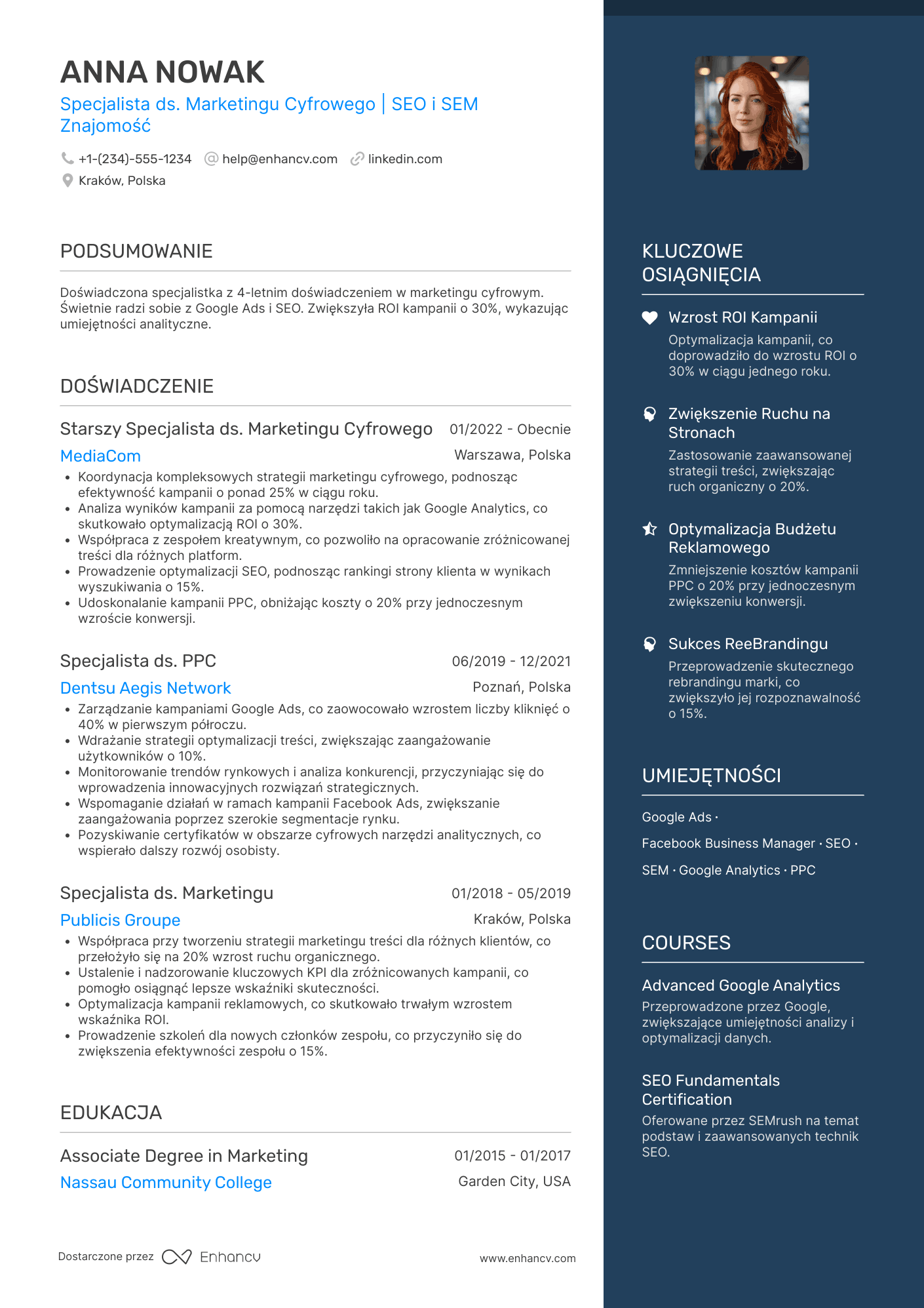 CV dla Specjalista ds. Marketingu Cyfrowego Resume Example