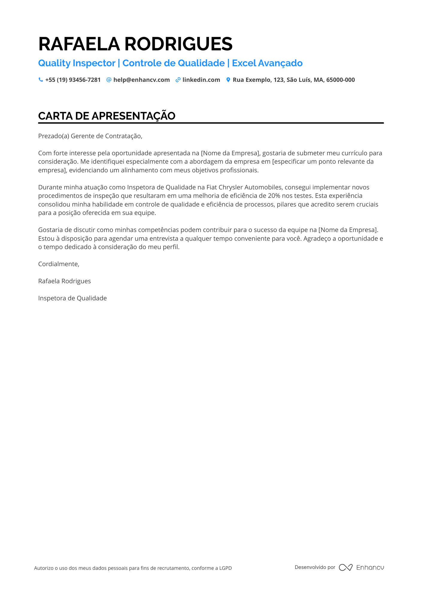 Inspetor de Qualidade em Tecnologia da Informação Resume Example
