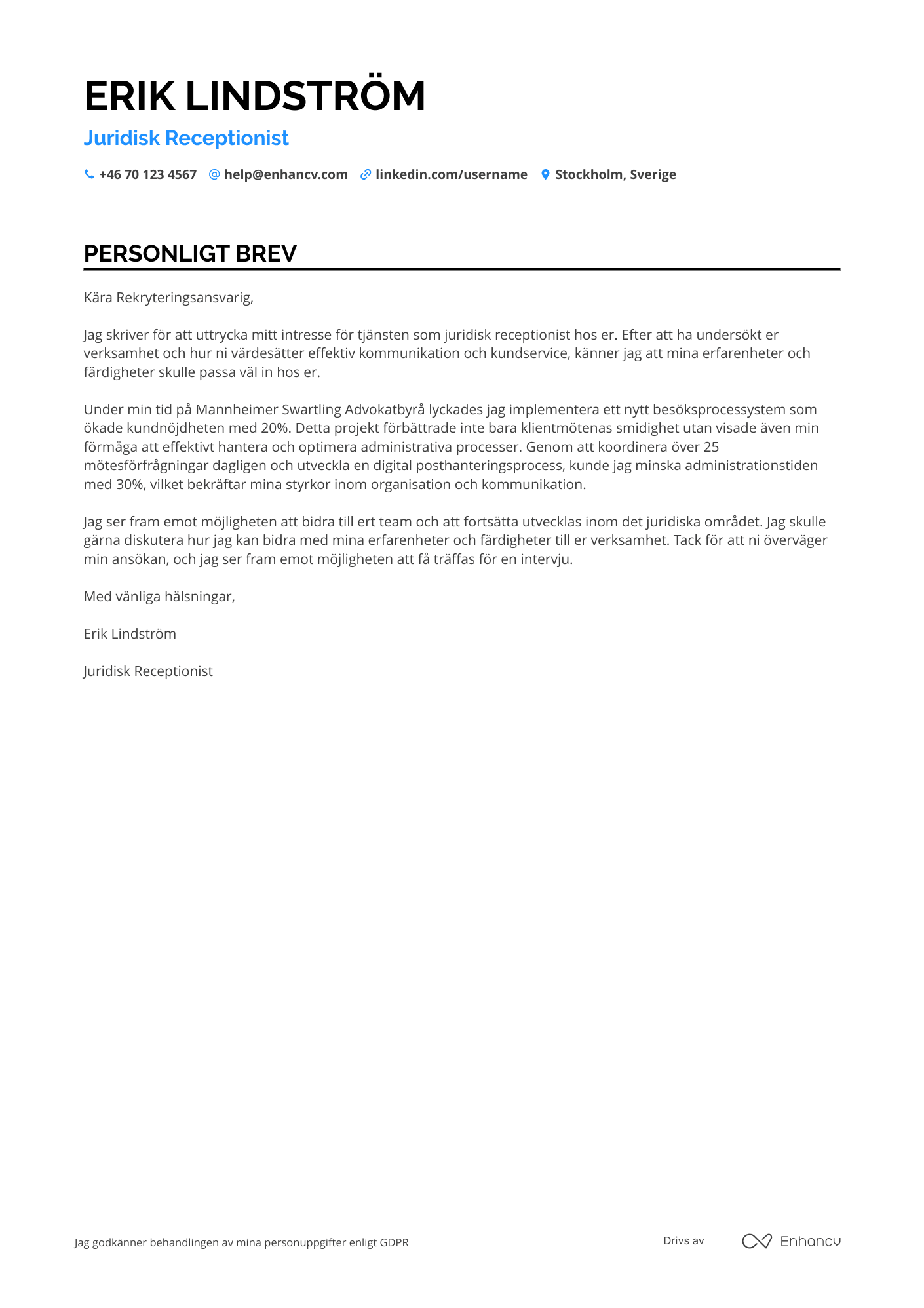 Personligt brev för Legal Receptionist Resume Example