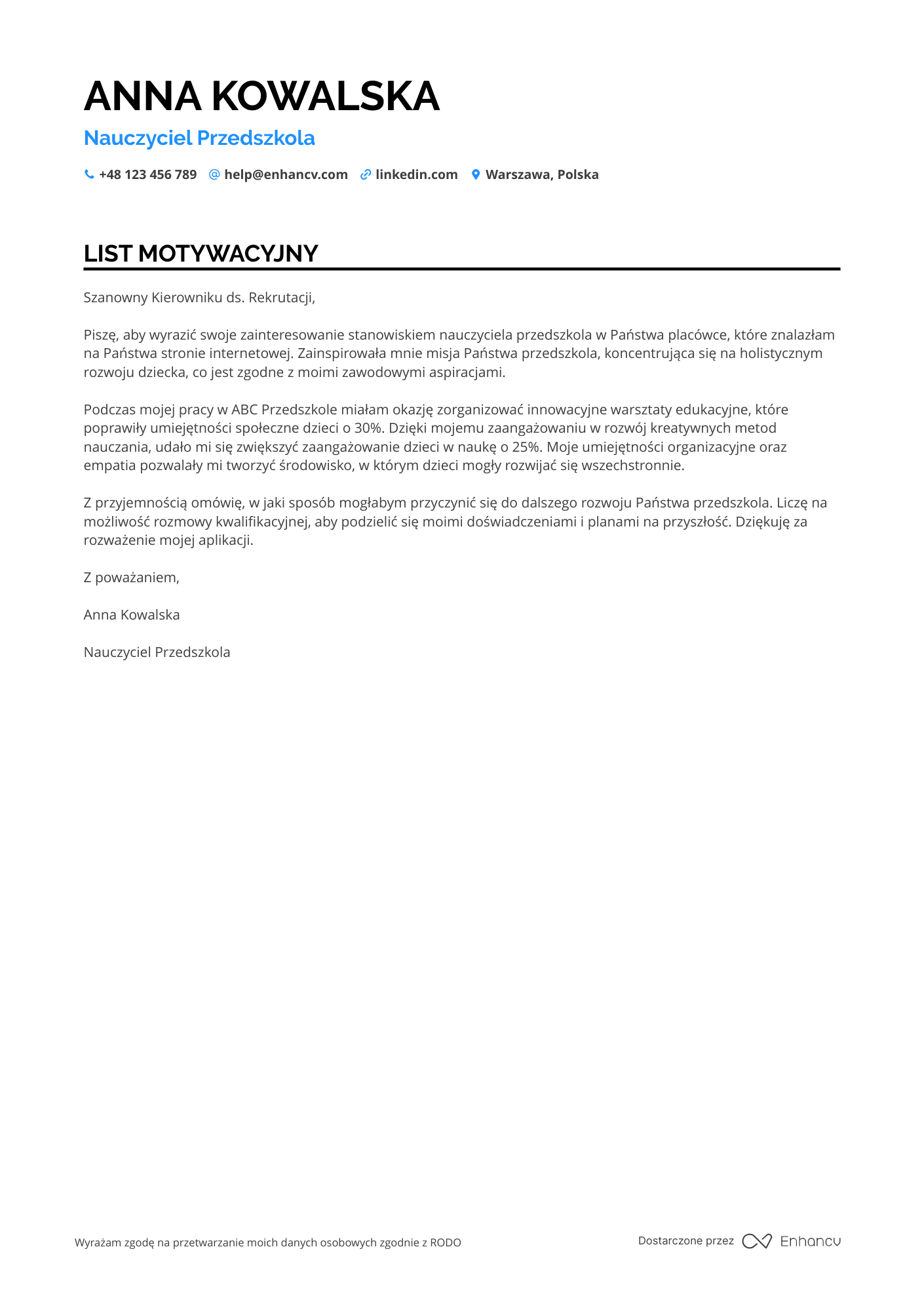 List motywacyjny dla Nauczyciel Przedszkola Resume Example