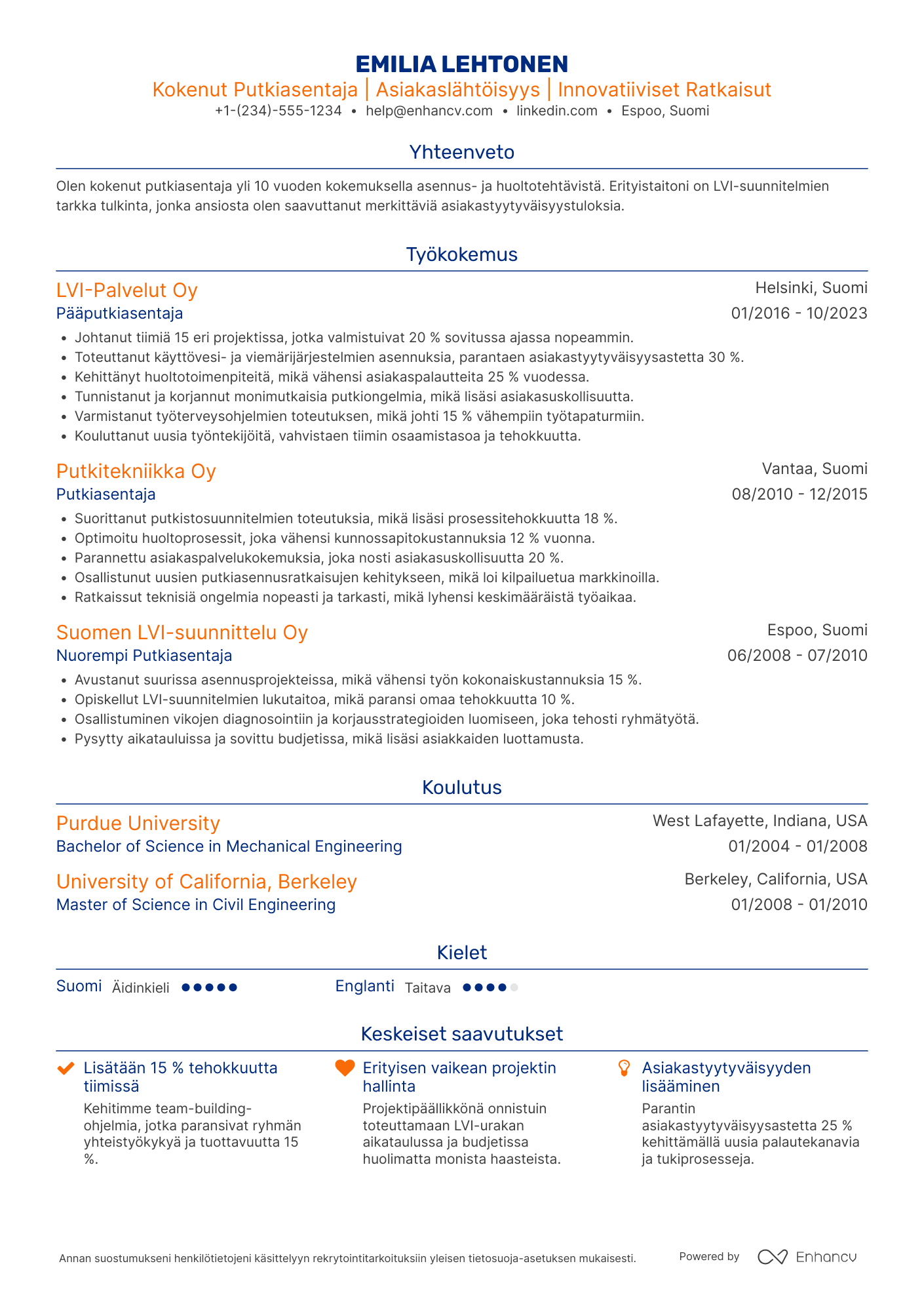 Ansioluettelo Kokenut putkiasentaja Resume Example