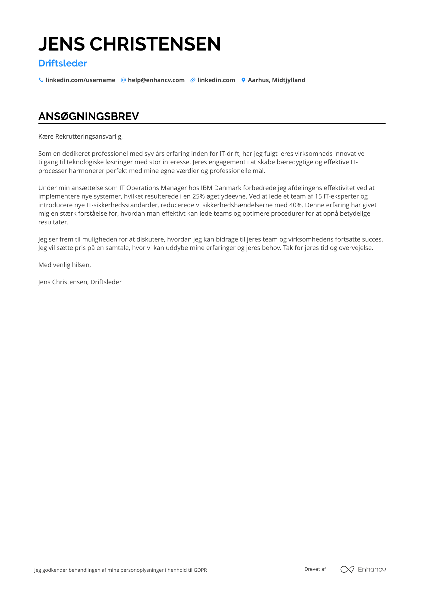 Ansøgningsbrev til Driftsleder for IT afdeling Resume Example