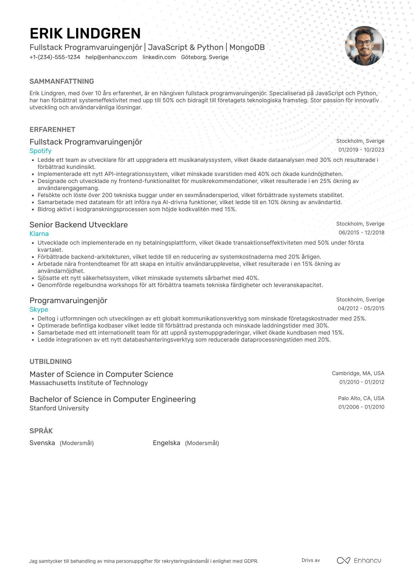 CV för Fullstack Programvaruingenjör Resume Example