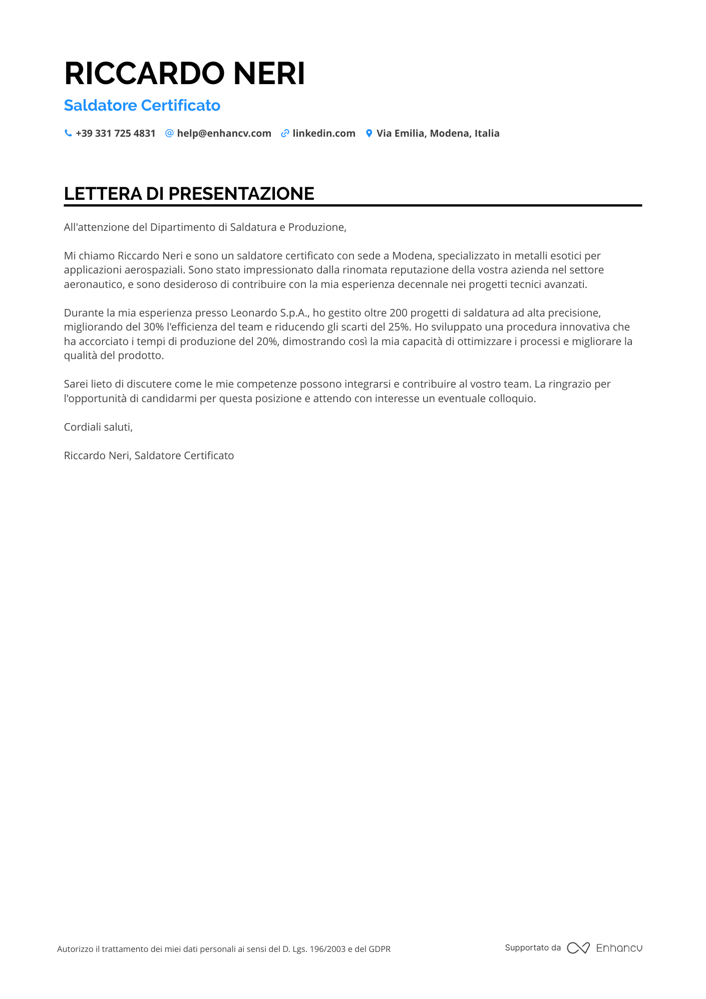 Saldatore Aeronautico Resume Example