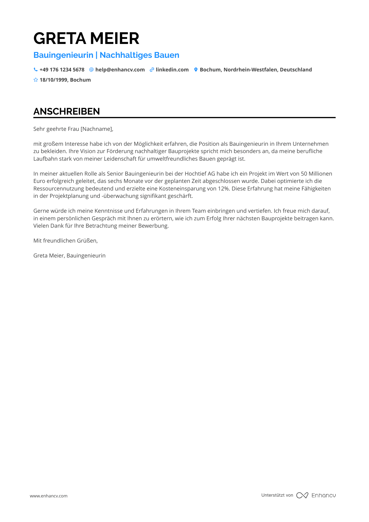 Bauingenieur in der Bauindustrie Resume Example
