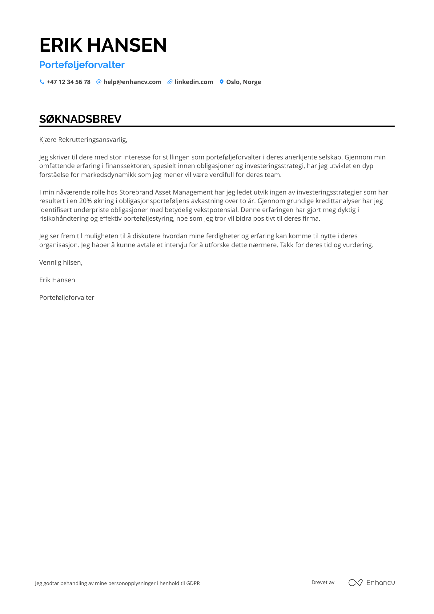 Søknadsbrev for Porteføljeforvalter for Obligasjoner Resume Example