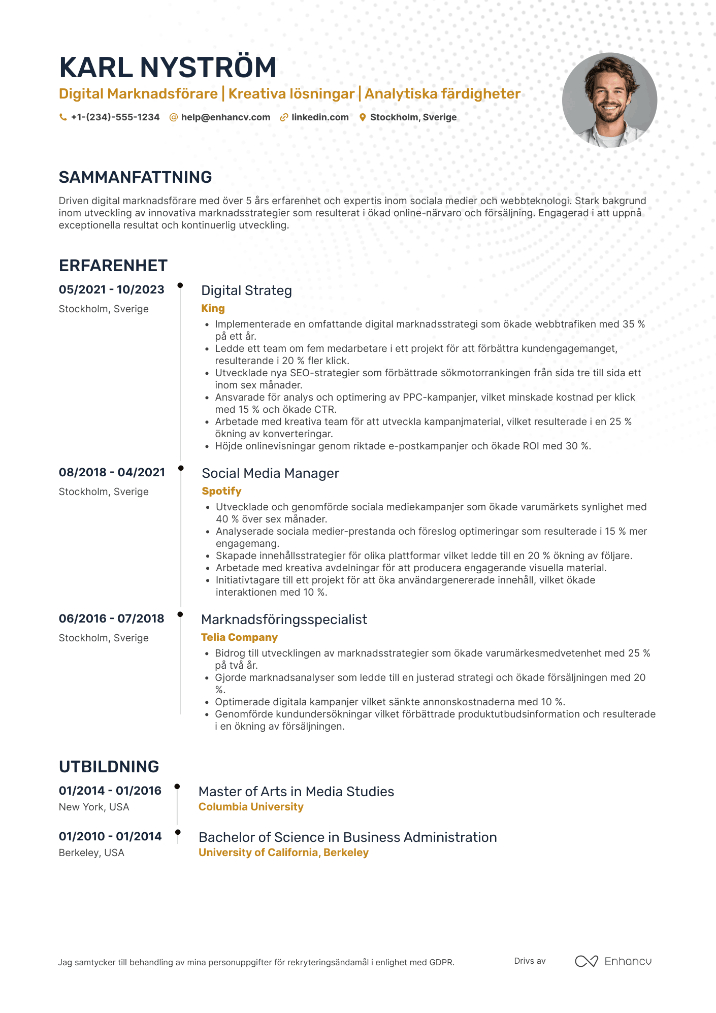 CV för Karriärbyte Digital Marknadsförare Resume Example
