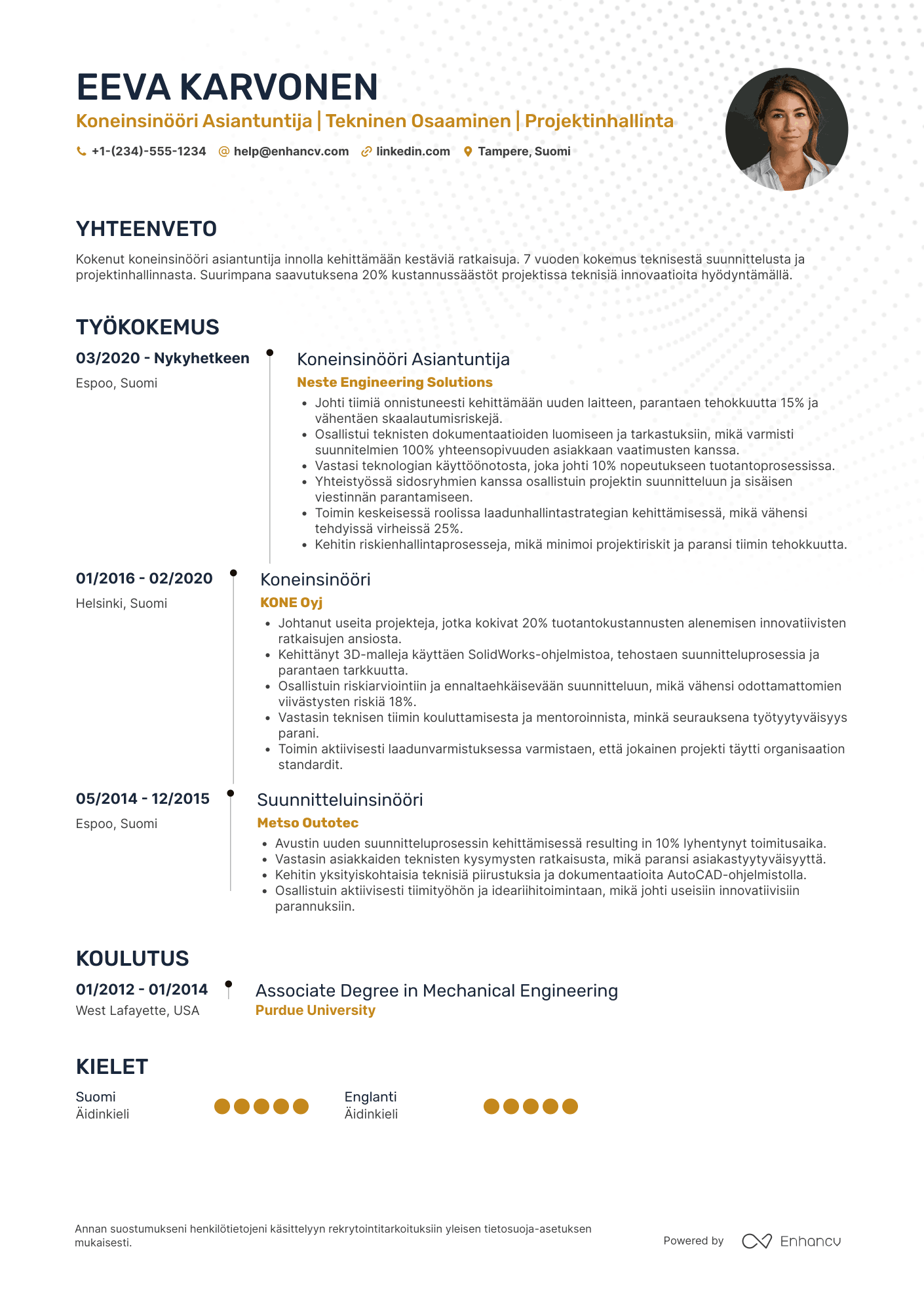 Ansioluettelo Koneinsinööri Asiantuntija Resume Example
