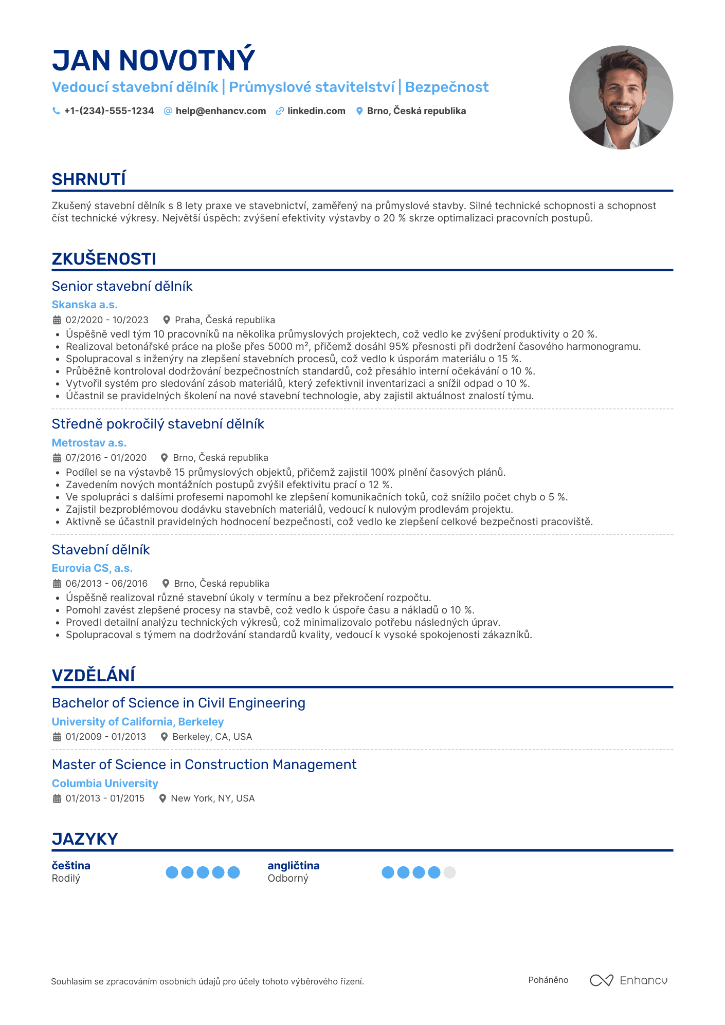 Životopis pro Stavební dělník v průmyslovém stavitelství Resume Example