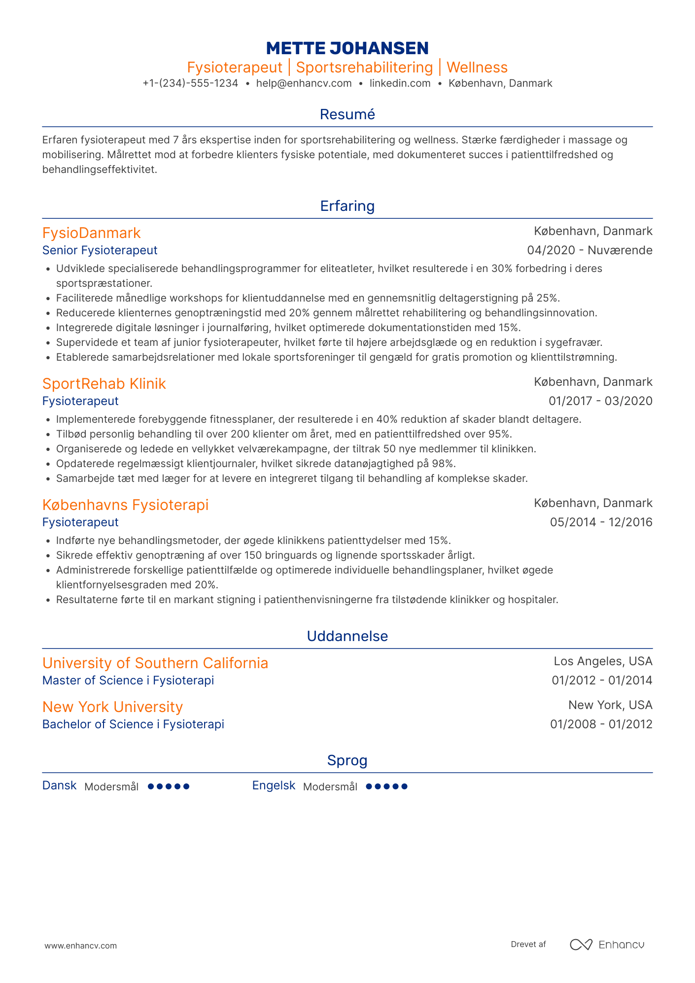 CV til Fysioterapeut i sports  og wellnessbranchen Resume Example