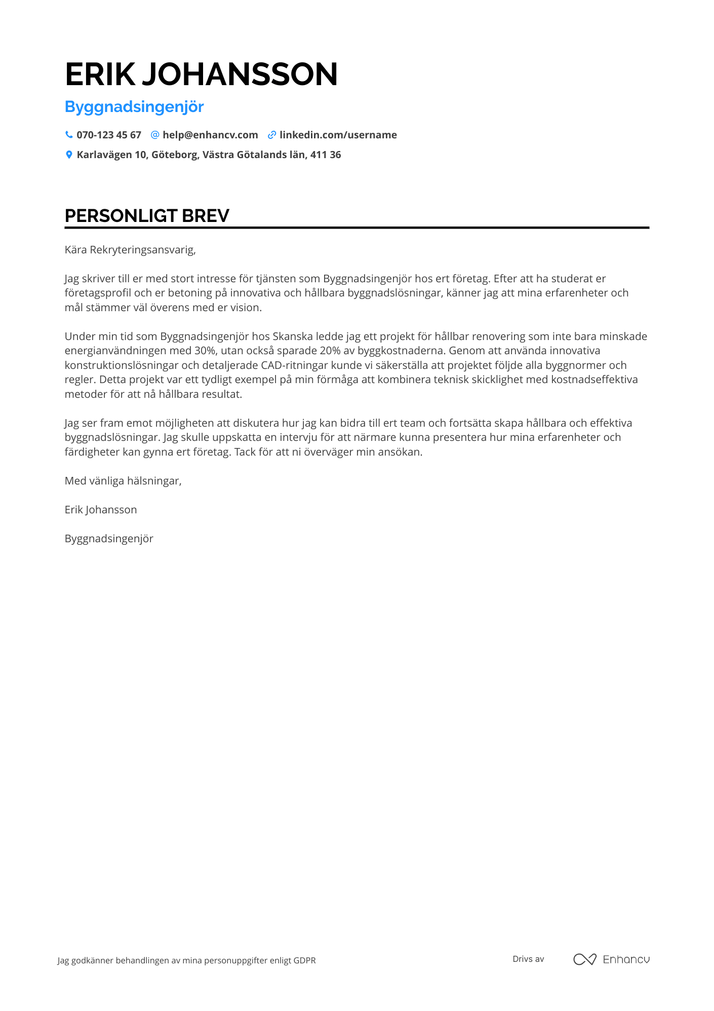 Personligt brev för Byggnadsingenjör Fastigheter Resume Example