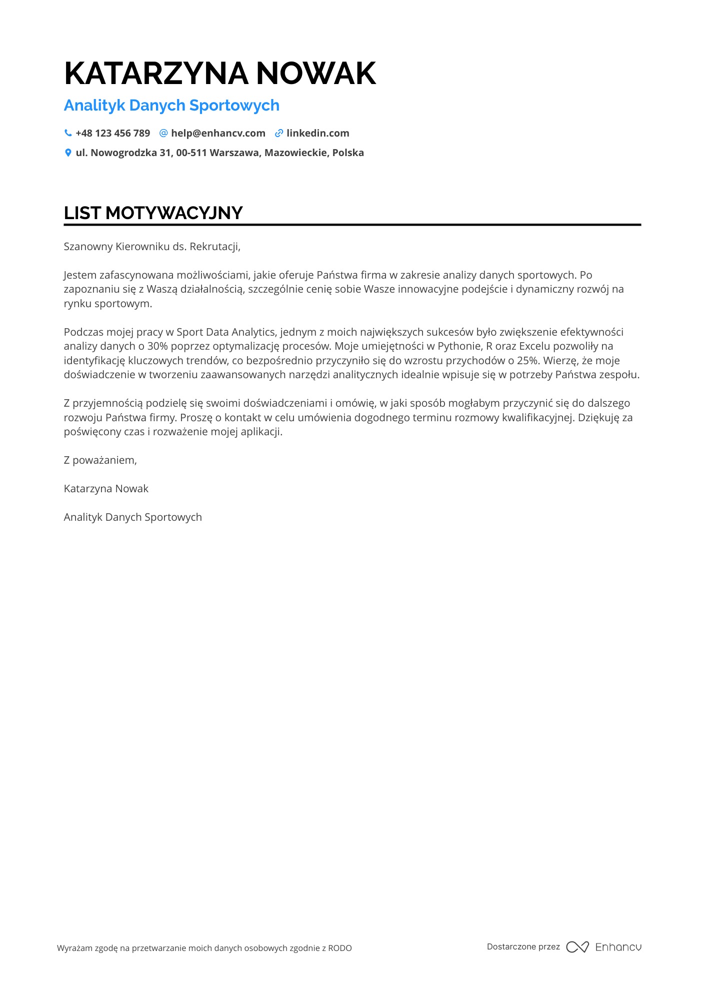 List motywacyjny dla Analityk Sportowy Resume Example