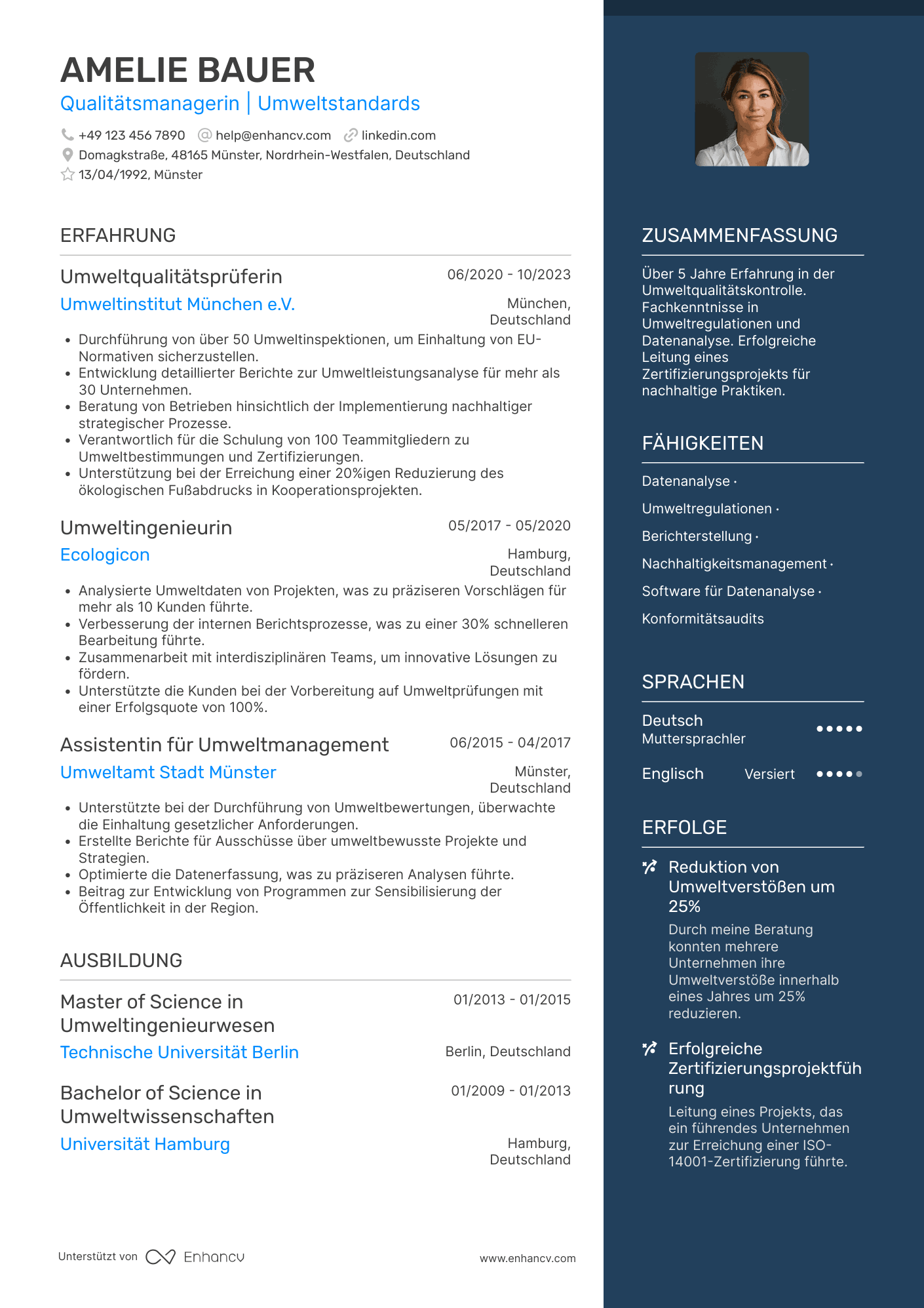 Lebenslauf als Qualitätskontrolleur für Umweltstandards Resume Example