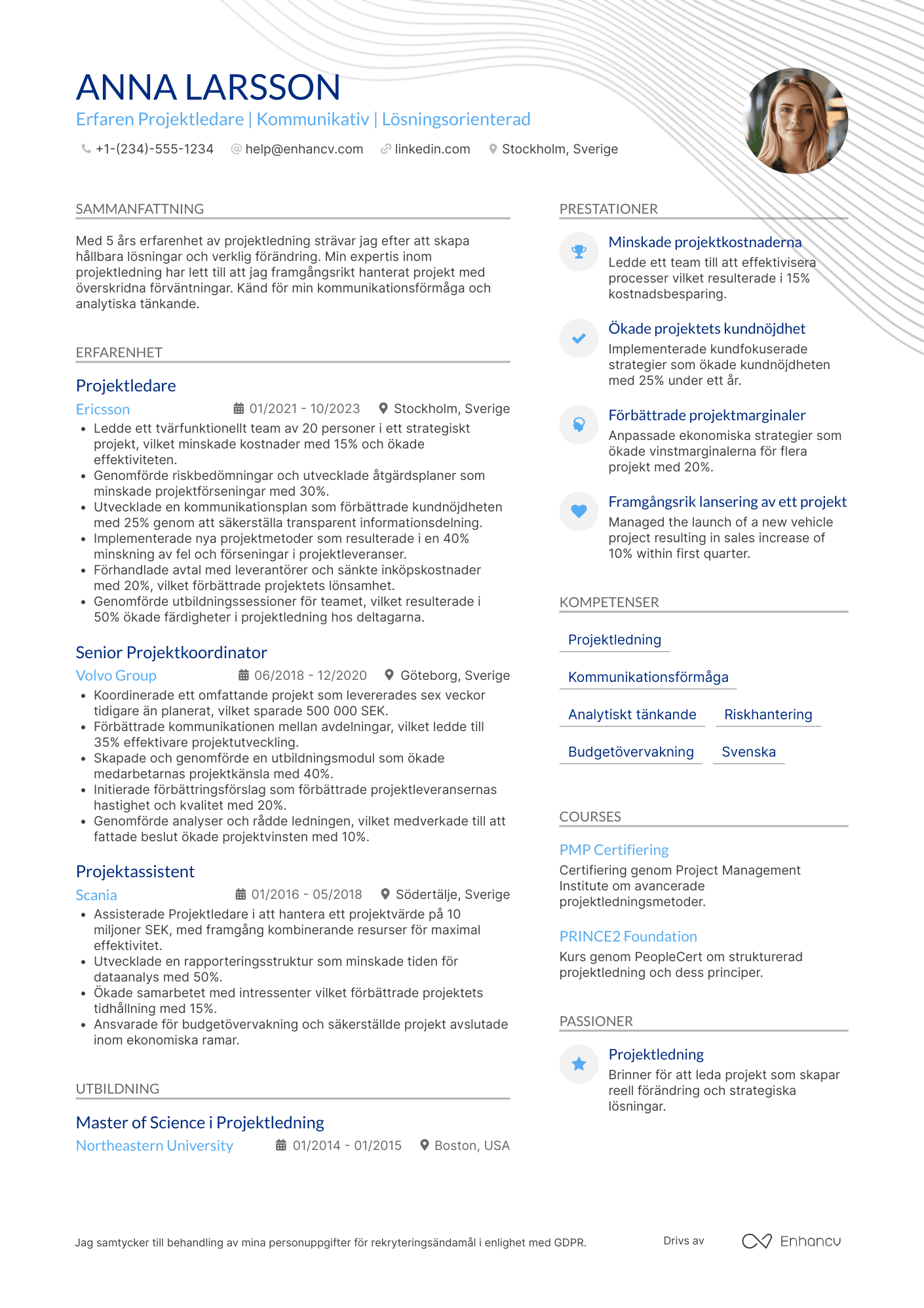 CV för Karriärbyte Projektledare Resume Example